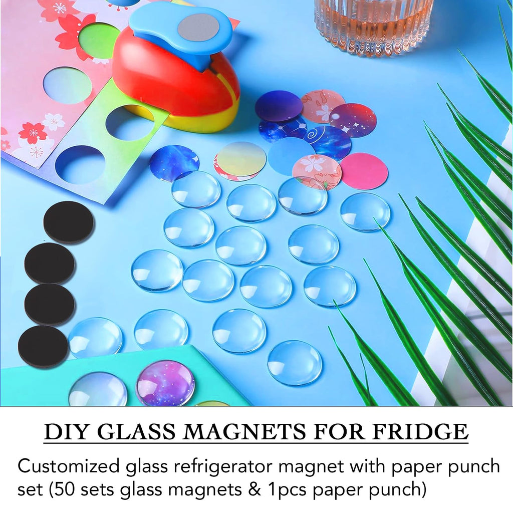 101pcs DIY Fridge Magnets Craft Set Include 1-Inch Paper Punch,Craft Magnets Glass Ceramic Ferrite Magnet with Adhesive Backing and Clear Glass Cabochons for Refrigerator(Round,50 Sets,1 Inch)