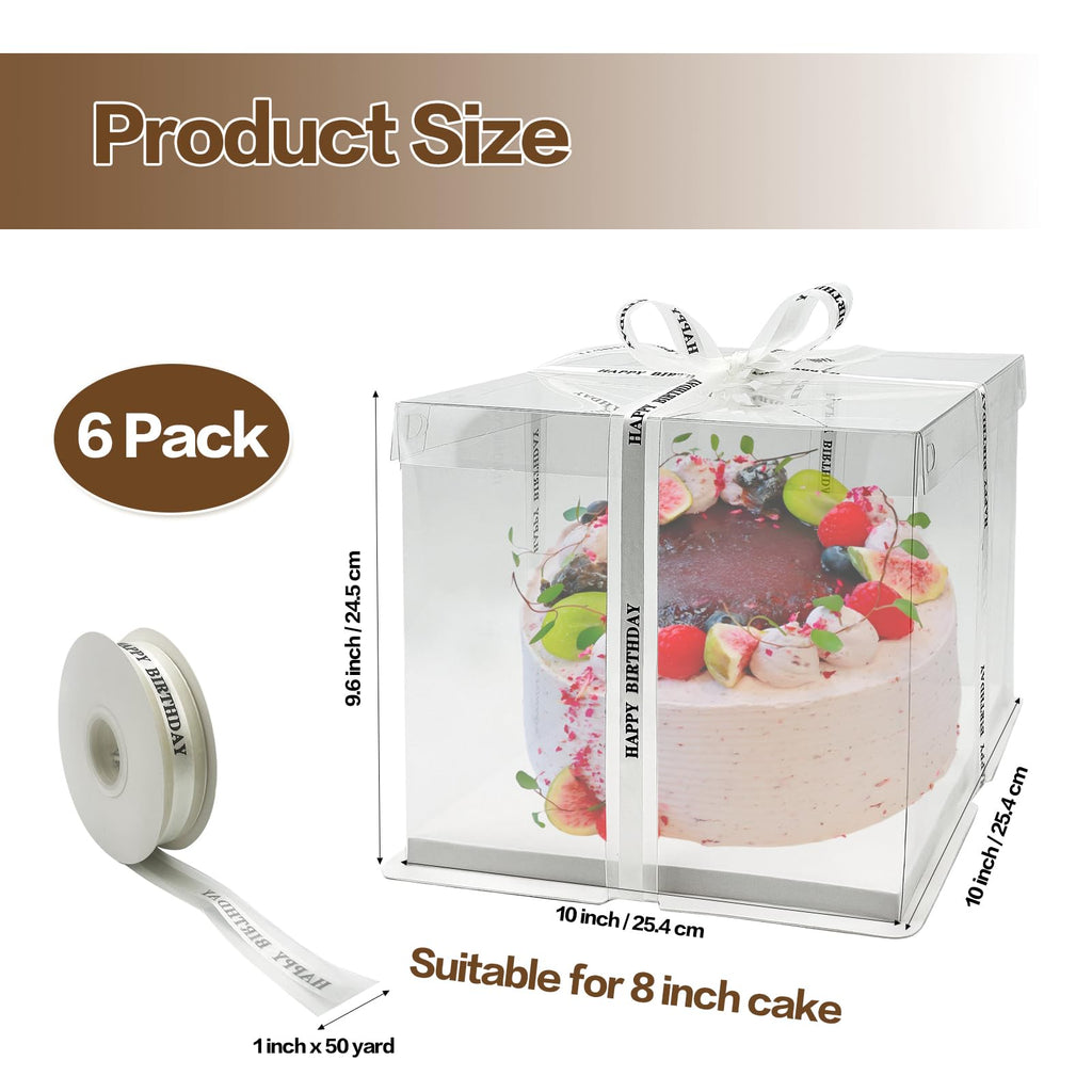 Seuqhck 6 Pack Clear Cake Box with Ribbon, 25.4 cm Tall PET Cake Carrier Boxes 2-Layer Transparent Gift Packaging Box with Lid for Wedding, Birthday, Festival Cakes Display and Transport