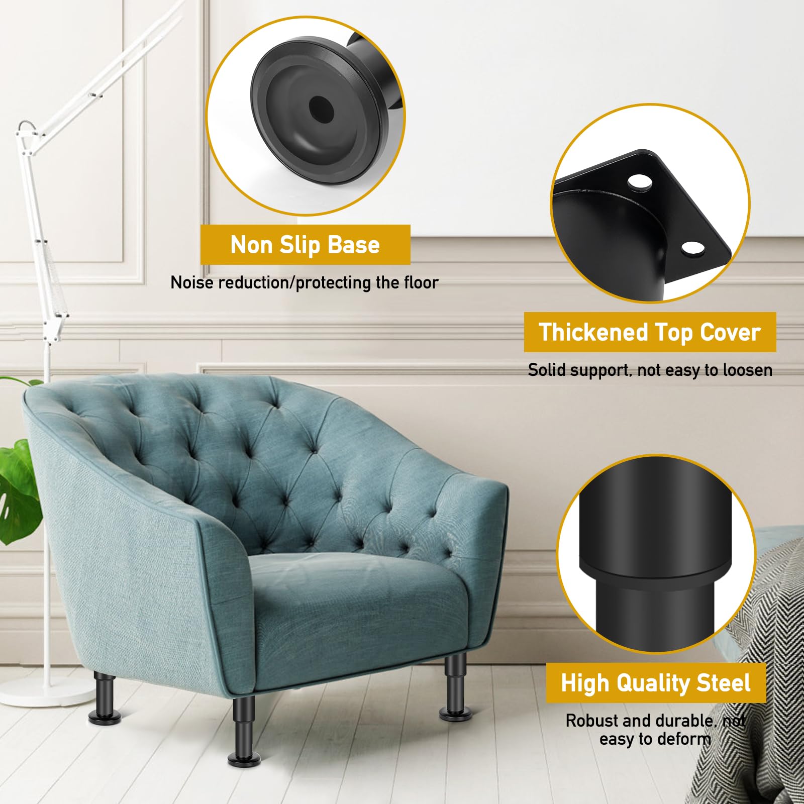 XUUHOOG 4-Piece Black Metal Cylinder Bed Leg, 3.15-4.72 Inch, Adjustable Height (3.15-12.2 Inch), Heavy Duty, Multi-Purpose for Beds, Cabinets, Tables, etc.