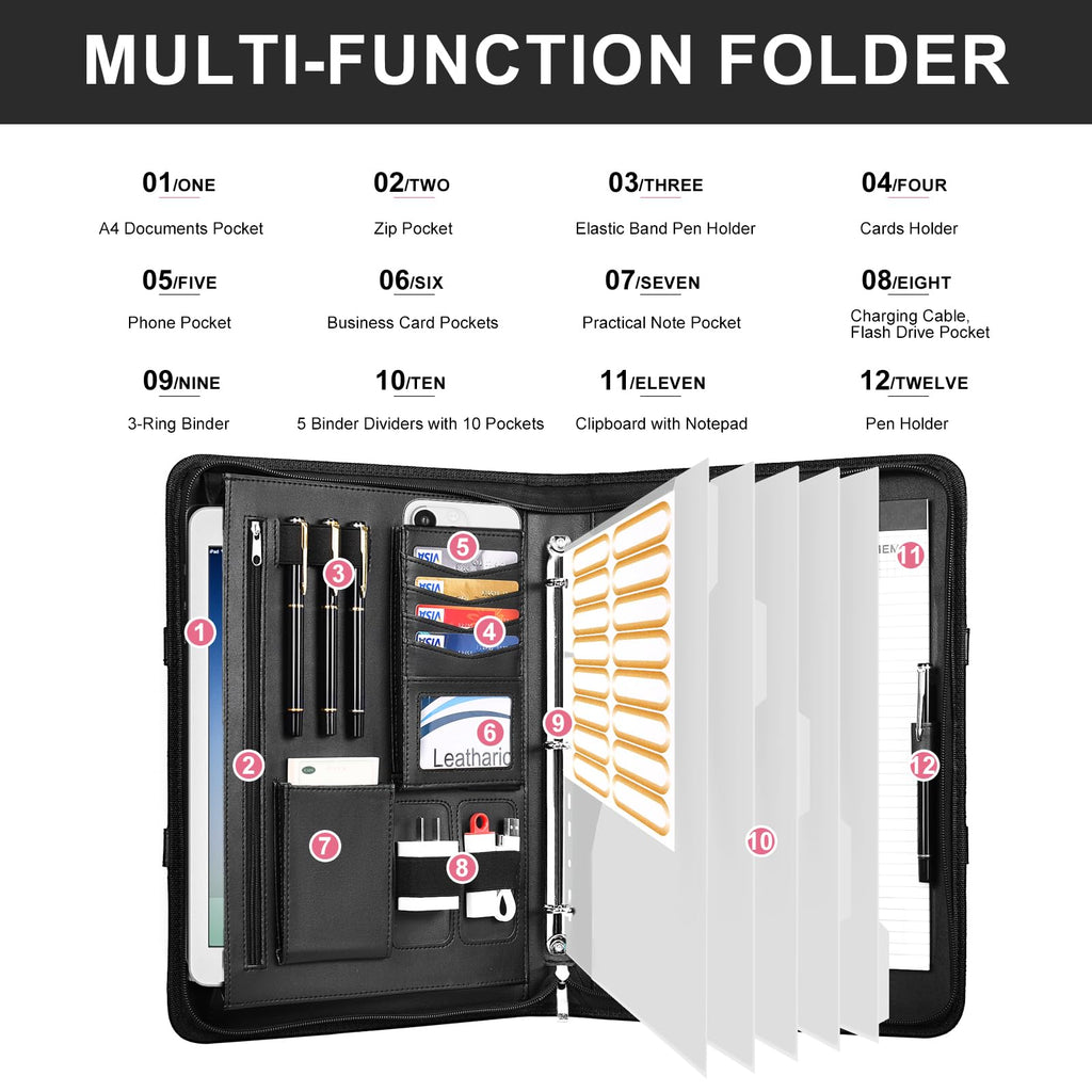 Leathario Portfolio, Vegan Leather A4 Padfolio with Handle, 3-Ring Zipper Binder, Includes 5 5-Tap Binder Dividers, Multi-Pocket Business Folder for Tablets, Files and Notepads, Office Supplies