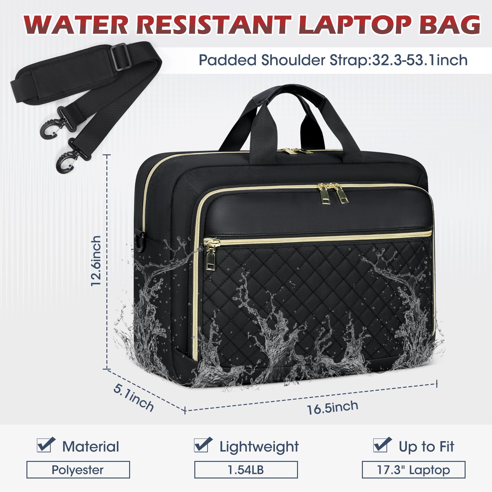 Laptop Bag 17.3 Inch Large Laptop Briefcase for Women Men Waterproof Shoulder Messenger Bag Padded Carry On Laptop Case Professional Computer Bag for Business Office Work College, Black