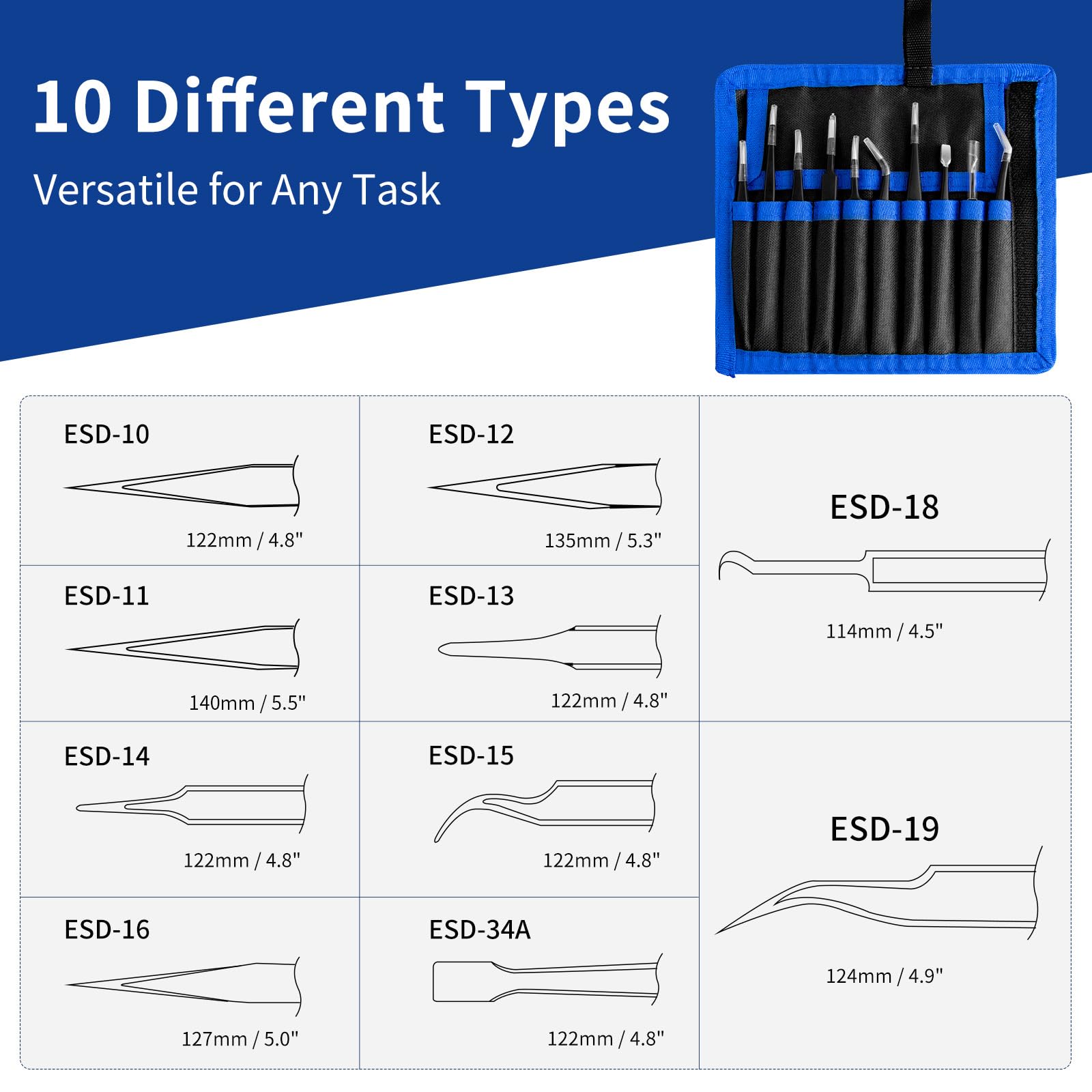 XOOL 10 PCS ESD Precision Tweezers Set, Anti-Static Stainless Steel Tweezers Kit for Electronics, Soldering, Craft, Jewelry, Model Building, Beauty