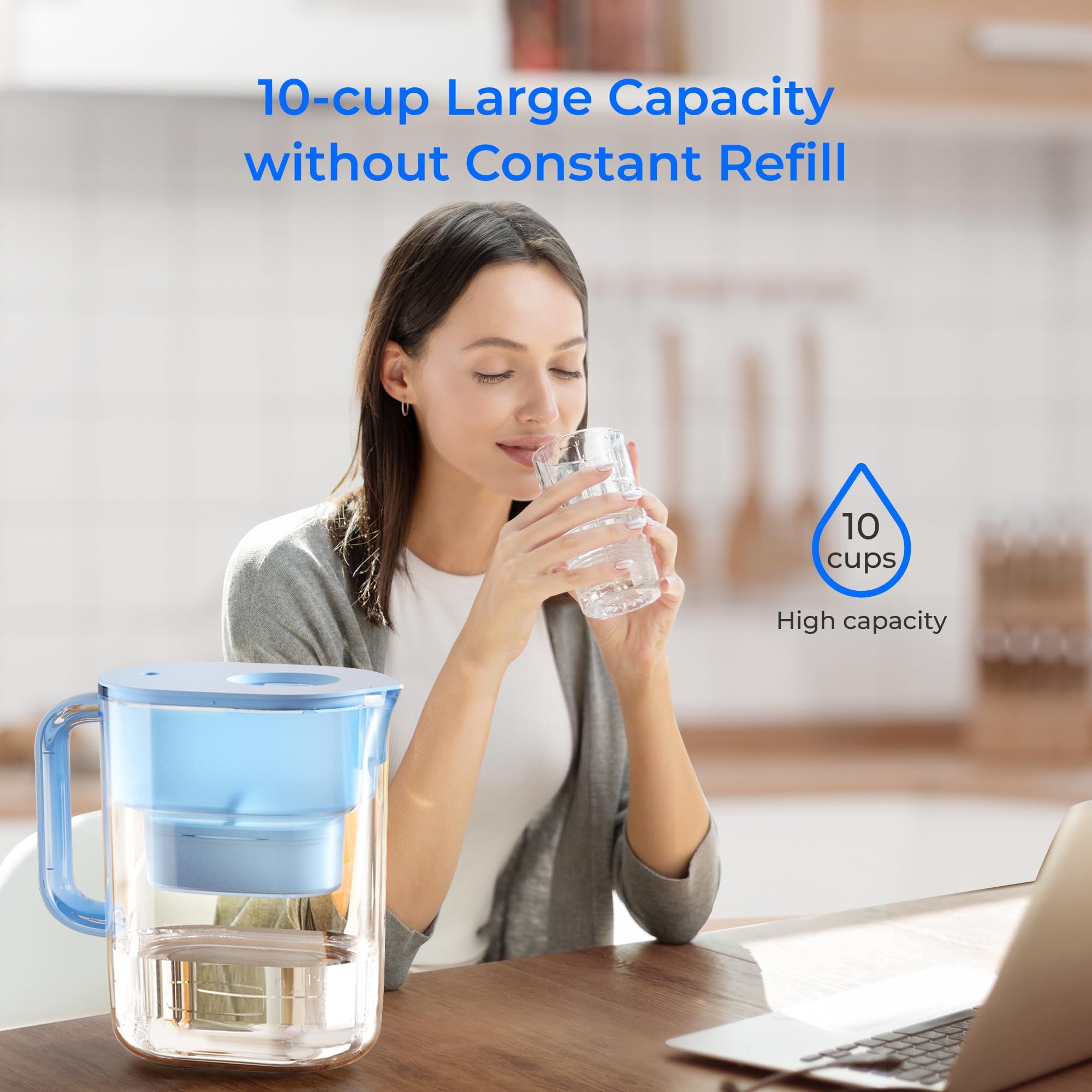 Waterdrop PT-07B Water Filter Pitcher, 10-Cup, NSF Certified, 200-Gallon Long-Life Filter, Improves Coffee & Tea Taste, Reduces PFOA/PFOS and Chlorine, 5X Longer Filter Life, Blue