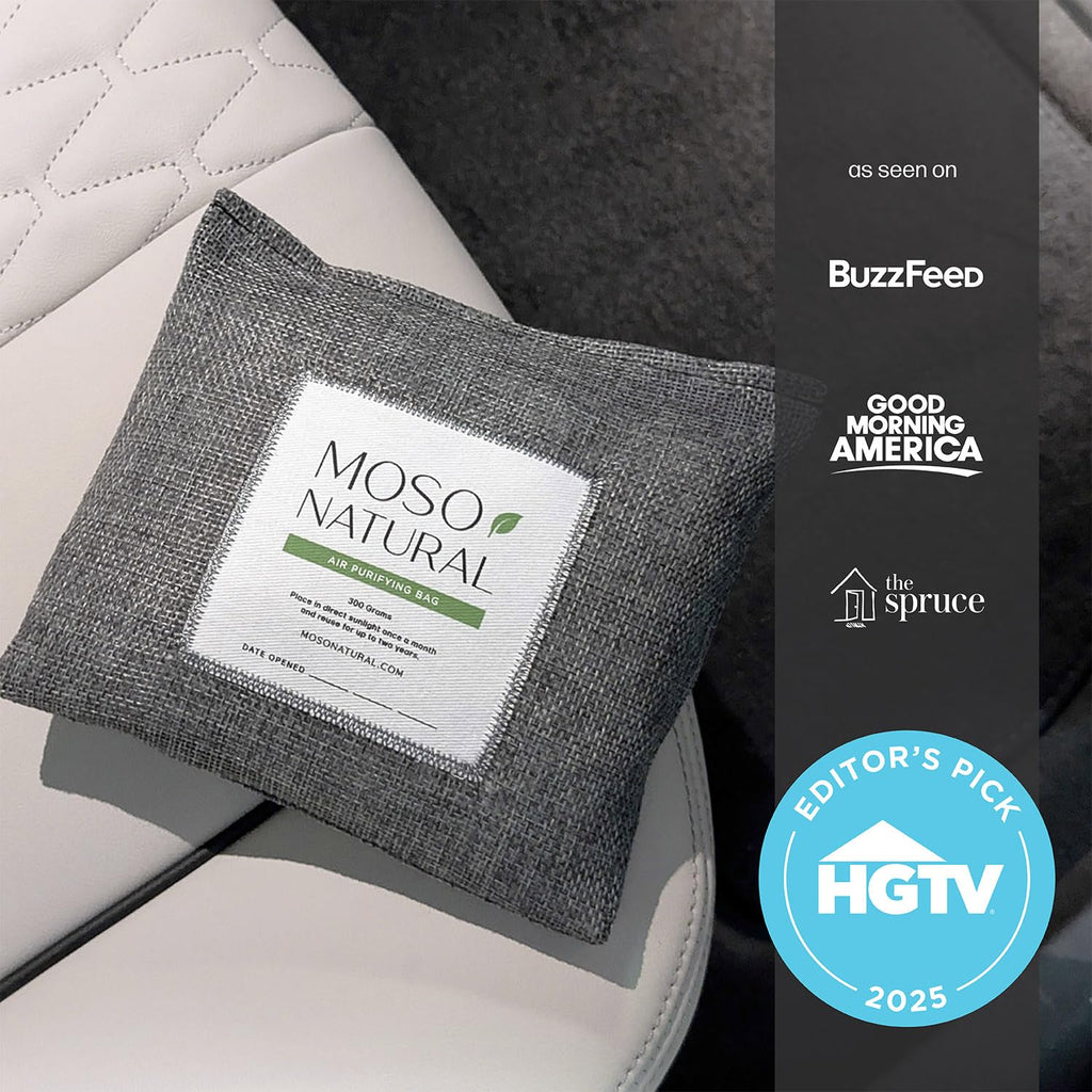 Moso Natural Car Air Freshener and Deodorizer | Long Lasting Bamboo Charcoal Odor Absorber | Non Toxic Odor Eliminator for Cars | Scent Free Air Purifying Bag (2 Pack)