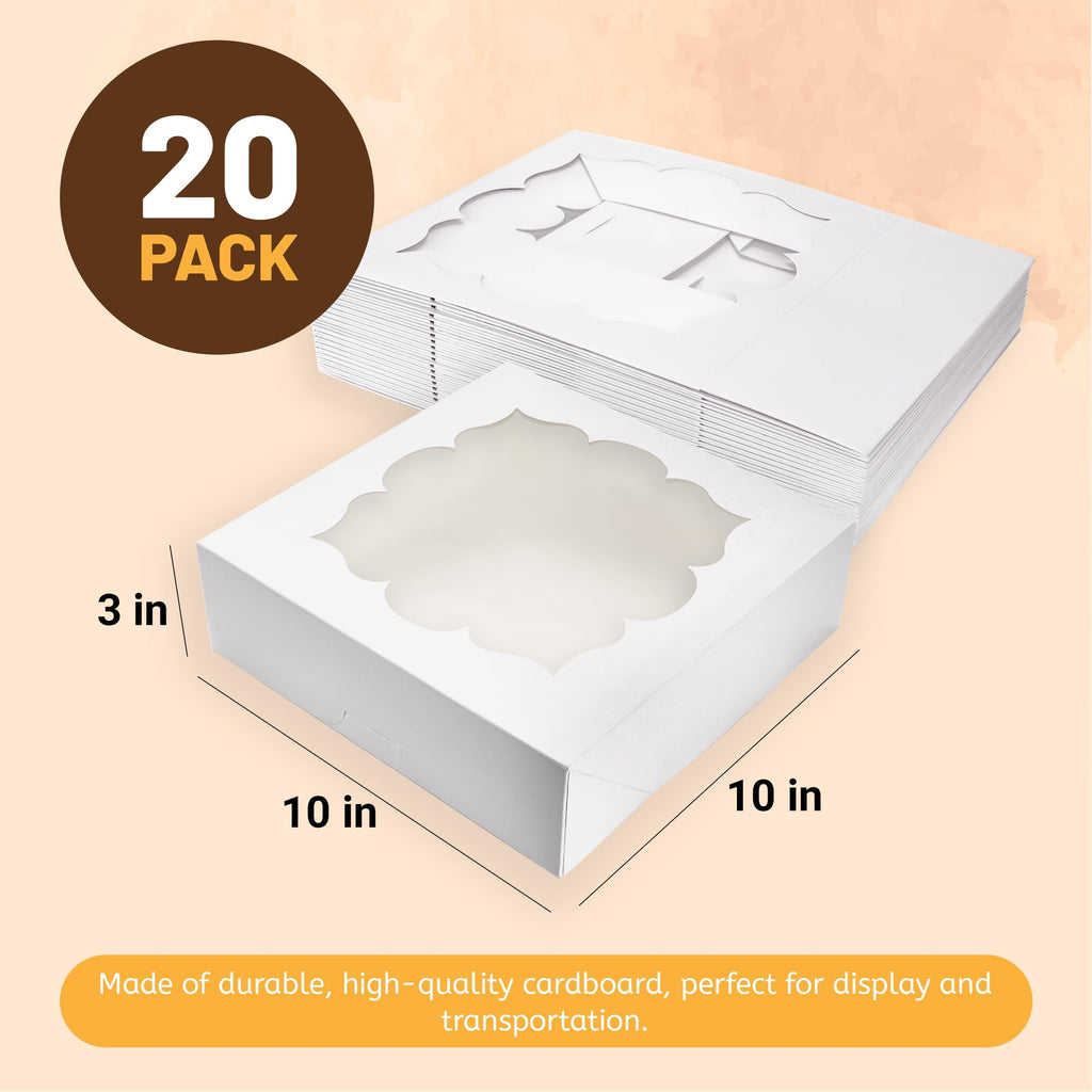 NPLUX 20 Pack Pie Boxes 10x10x3inch Bakery Boxes with Window Pastry Box for Pies,Cheesecake and Chocolate Strawberries (White)