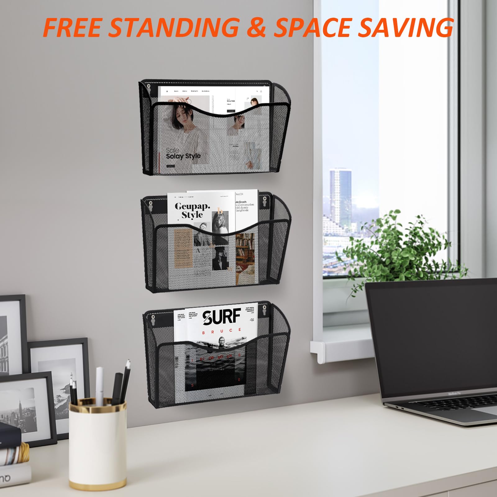 Wall Mount File Holder (3 Pack), AGPtek Wall File Holder, Hanging Wall File Organizer, Pocket Mesh Metal File Holder Organizer for papers, files and Home (Black)