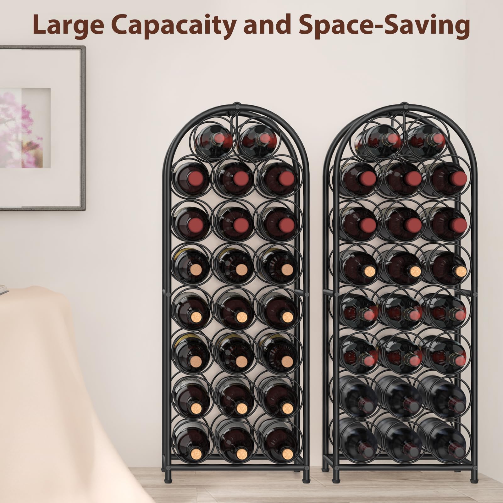 KANEODOT 23-Bottle Freestanding Wine Rack with Handle, 82cm Tall Metal Wine Holder with Adjustable Feet, Storage Organizer and Display Rack for Bar, Kitchen, Pantry, Dining Room, Living Room, Black