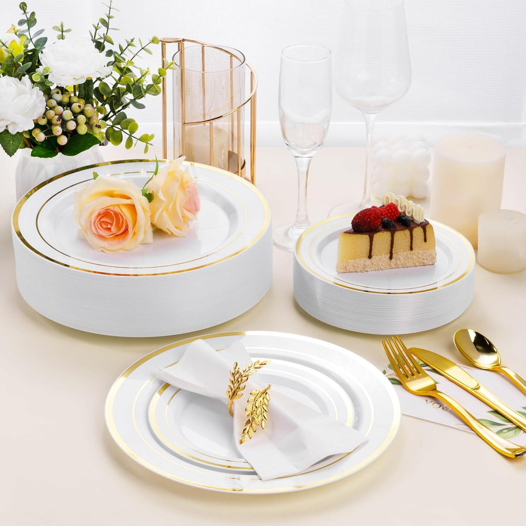 Goodluck 50PCS Gold Plastic Plates, 10.25 Inch Disposable Dinner Plate Party with Gold Rim, Heavy Duty Disposable Plastic Plates for Party, Wedding and Birthday