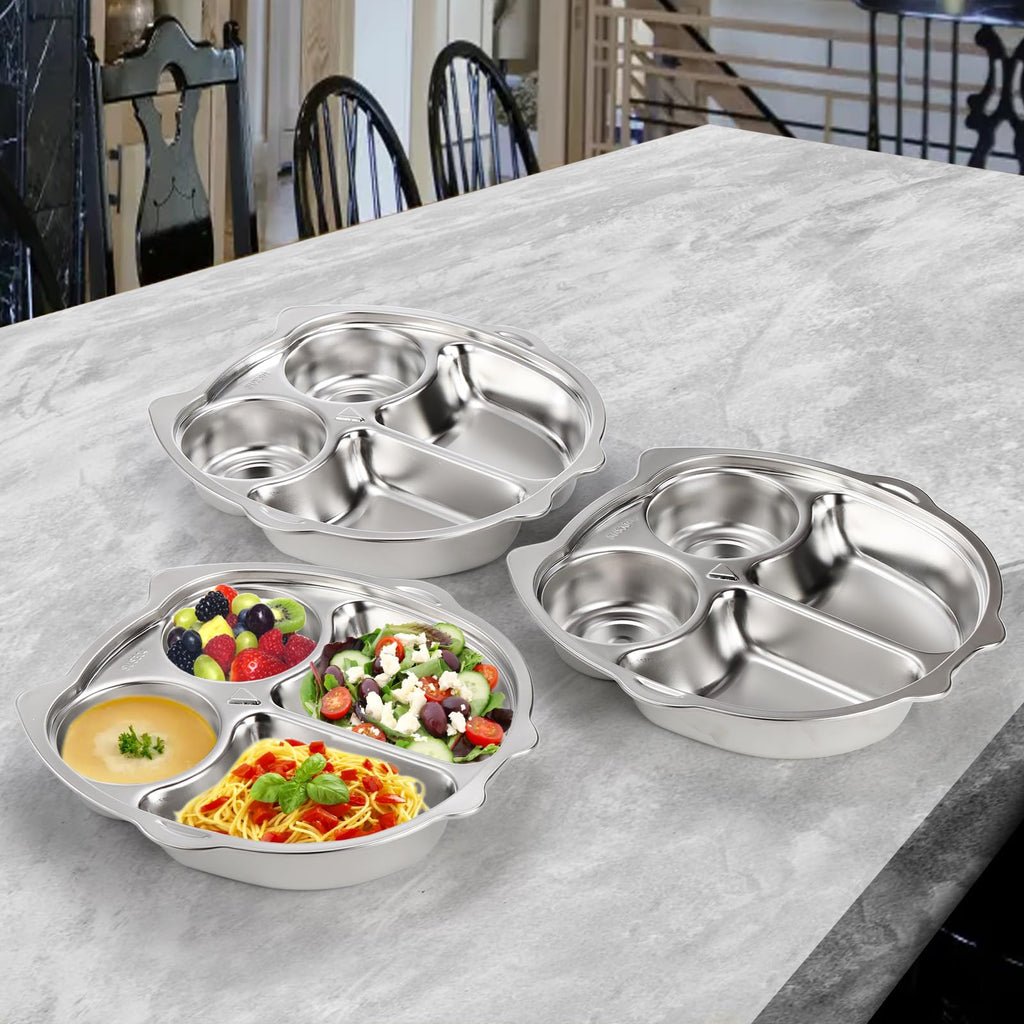 Noamus 3 Pack Stainless Steel Divided Plates, 9 Inch 304 Dinner Platter, Diet Portion Control Tray, 4 Sections Owl Shape Meal Plate for Adult Children Picky Eaters, Camping Dish Lunch Snack