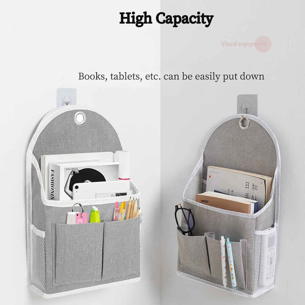 Tneene 2 Pack Wall Hanging Storage Bags, Hanging Pocket Linen Cotton Wall Basket with 4pcs Sticking Hook, Over Door Hanging Closet Organizer Box Containers for Bedroom Bathroom Dormitory (2Pcs Grey)