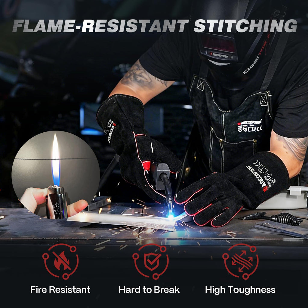 Mig Stick Welding Gloves, ARCCAPTAIN Heat/Fire Resistant 16 inch Leather Gloves with Kevlar Stitching for Men Women Welders, Fireplace, BBQ, XL