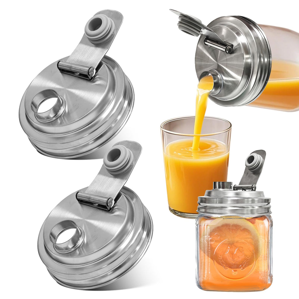 2PCS Mason Jar Pour Spout Lid Stainless Steel,Wide Mouth Pour Spout Flip Cap Lids for Mason Jars, Reusable Mason Jars Lid,Leak Proof Seal, for Drinking Salad Dressing & Food