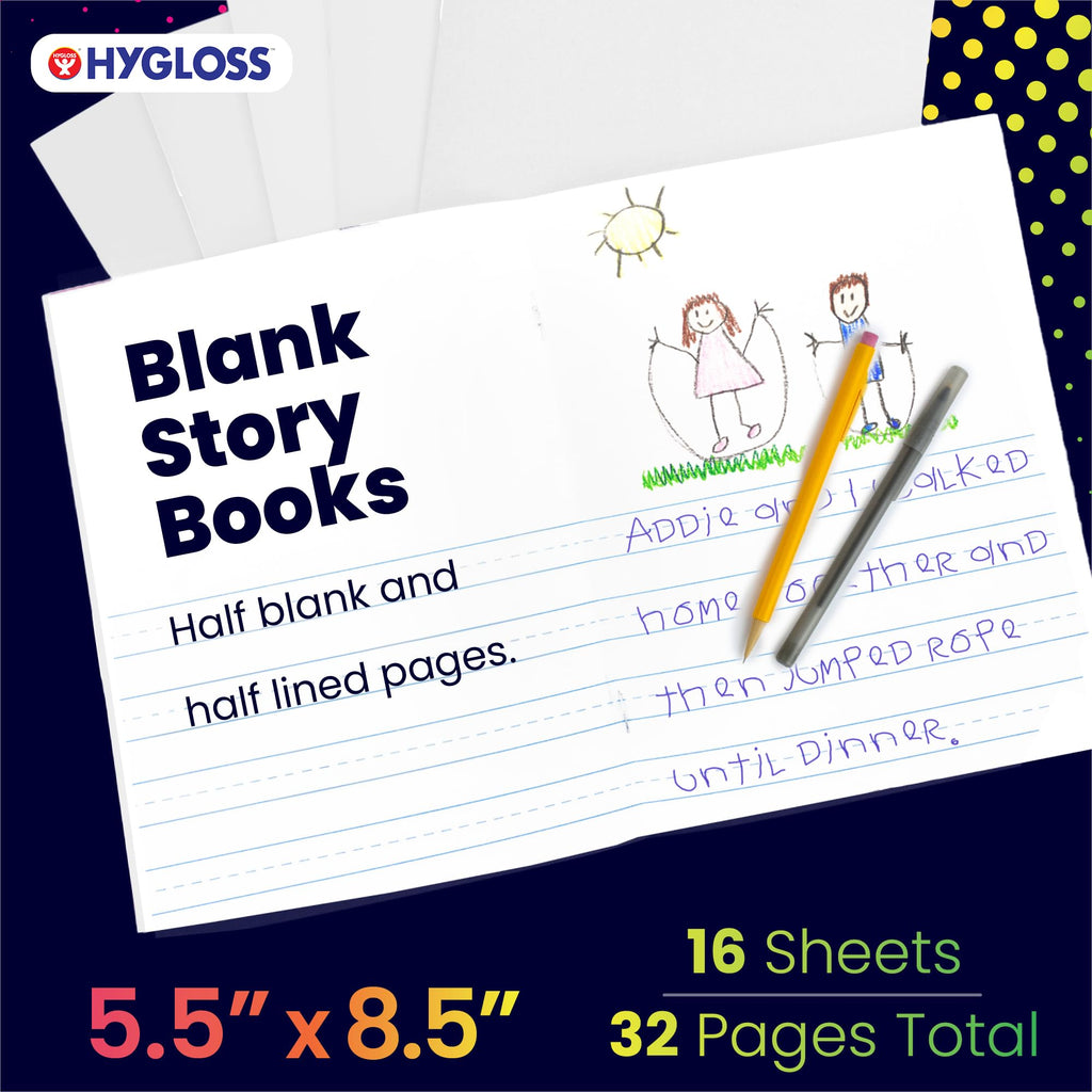 Hygloss 6 Pcs Blank Storybooks for Kids - Bulk Small Notebooks Journals White Soft Cover Notebooks - 5.5x8.5-24 Half-Lined Pages - Blank Books for Kids to Write Stories & Illustrate