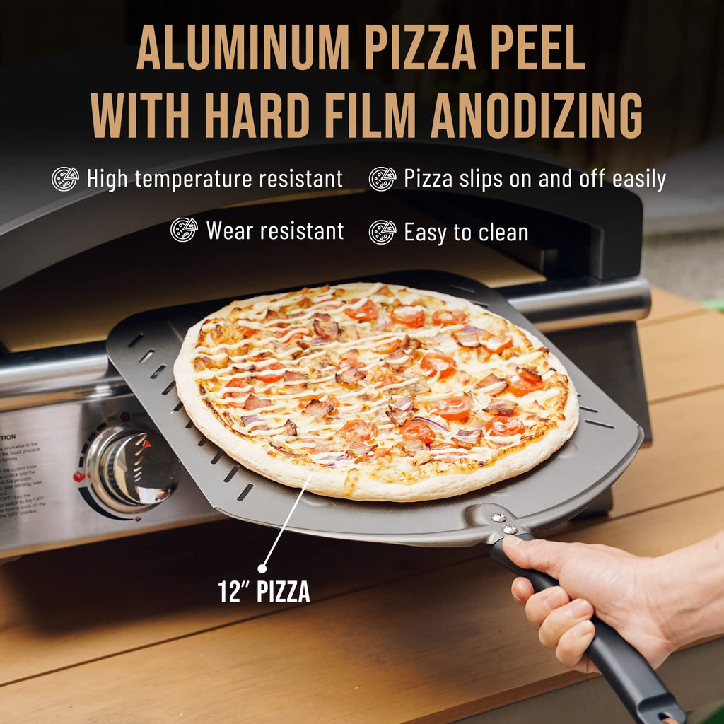 Q Pizza Aluminum Non-Stick Pizza Peel with Strap for Easy Storage, 14" Extra Large Perforated Metal Pizza Paddle for Grill Oven, Pizza Spatula for Baking Bread Pastry Pie Cake Pizza