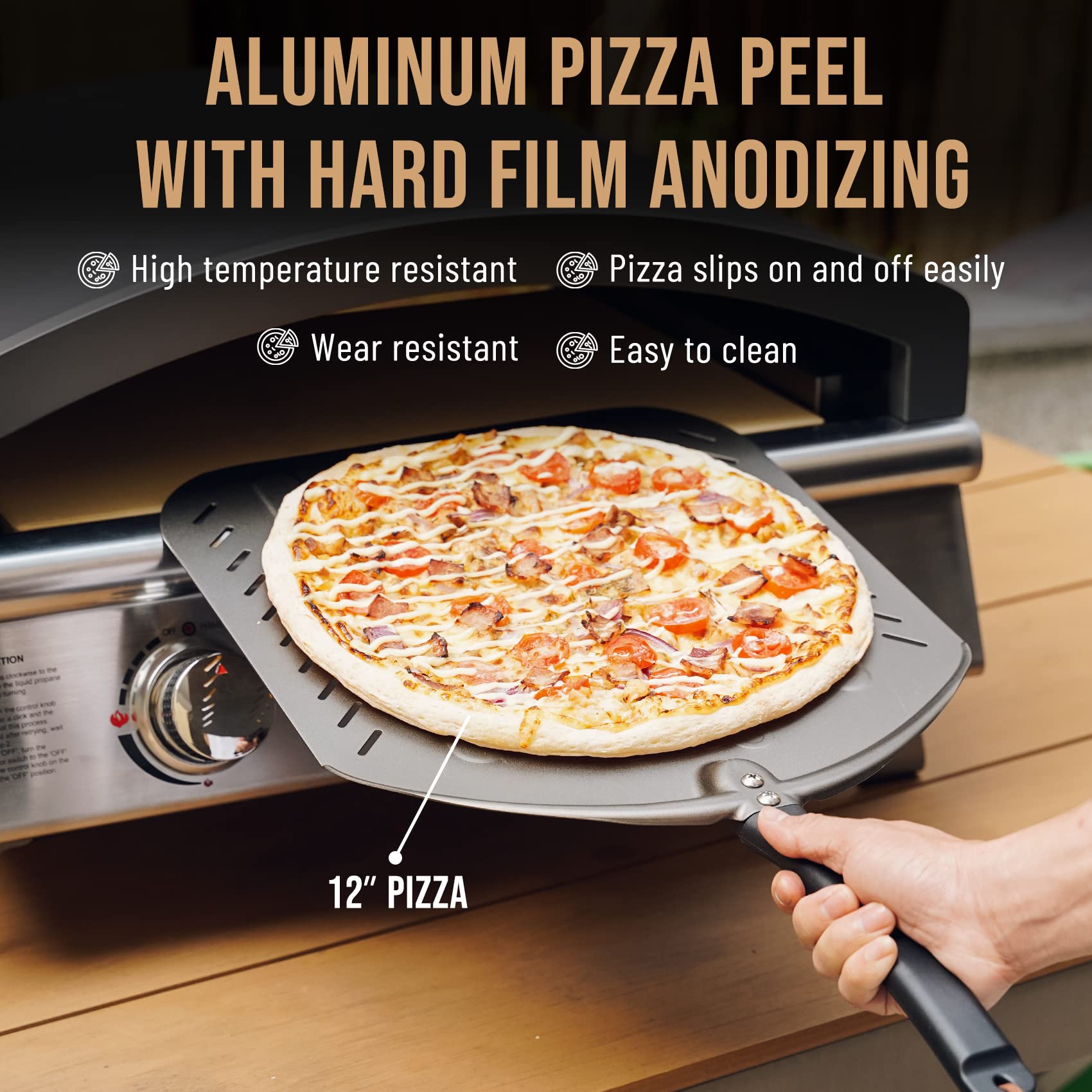 Q Pizza Aluminum Non-Stick Pizza Peel with Strap for Easy Storage, 14" Extra Large Perforated Metal Pizza Paddle for Grill Oven, Pizza Spatula for Baking Bread Pastry Pie Cake Pizza