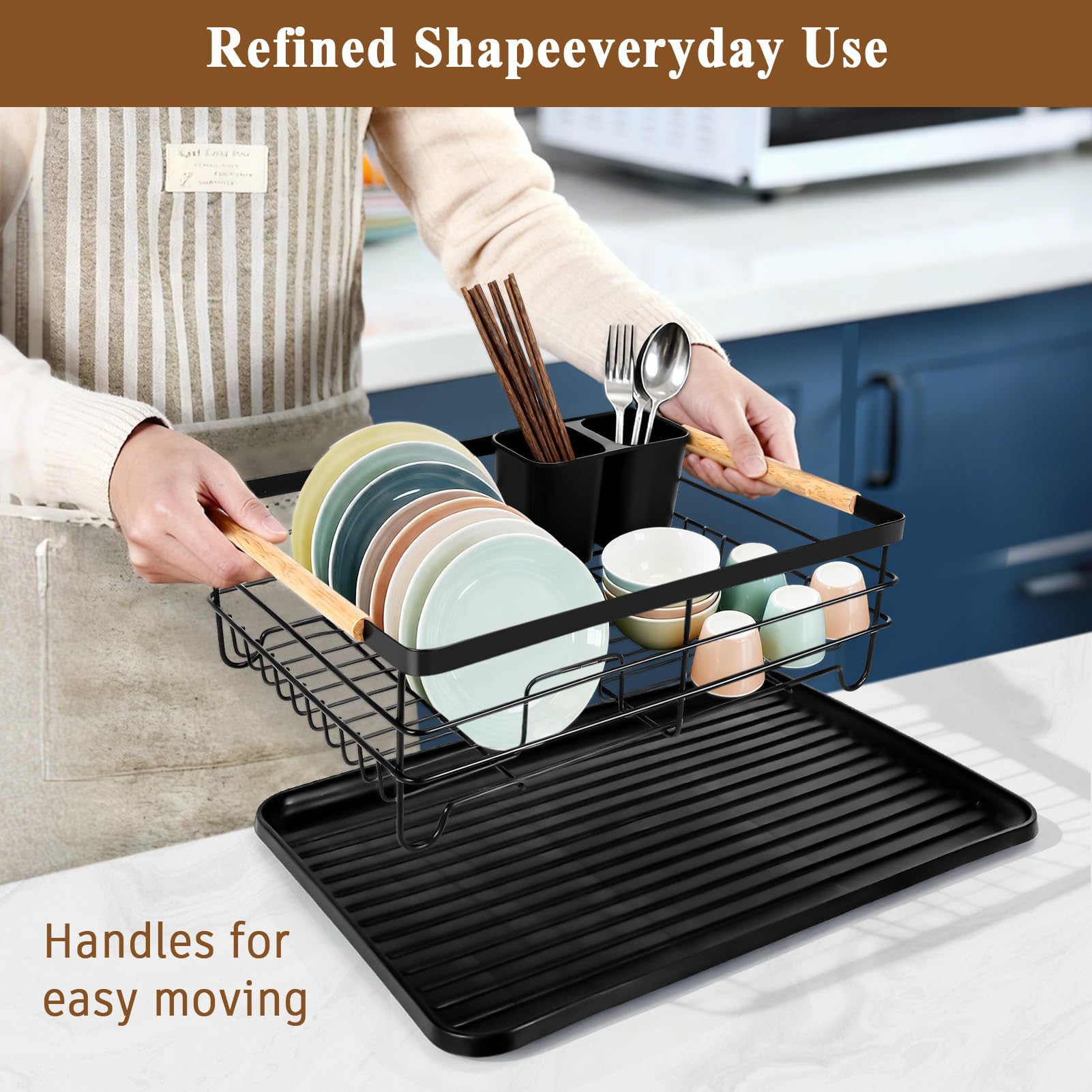 Fvellix Dish Racks for Kitchen Counter, Thickened Metal Dish Drying Rack with Wooden Handles, Kitchen Countertop Organizer for Dishes, Spoons and Forks, No Assembly, Black, 16.7''*12.6''*5.12''
