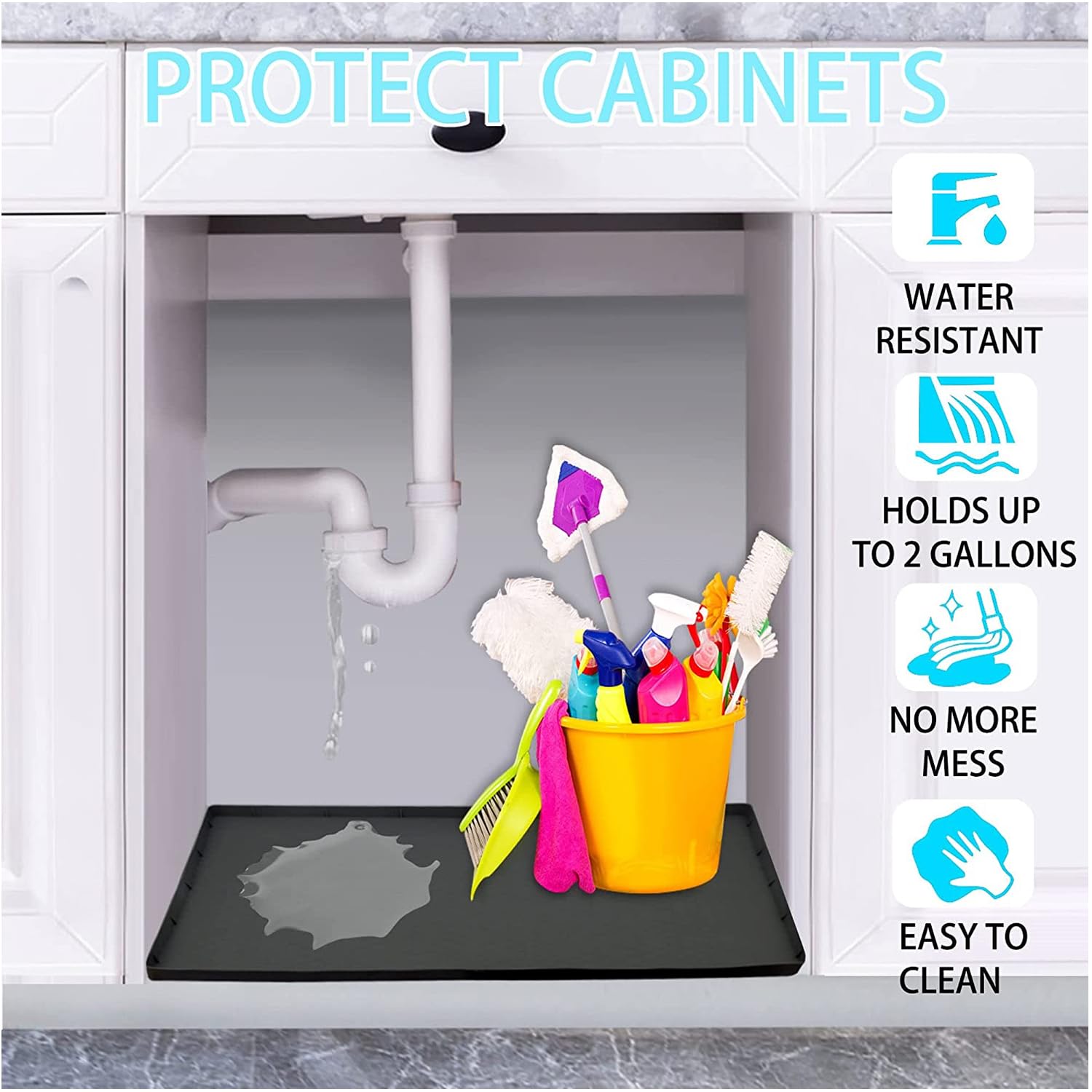 CATECASE Under Sink Kitchen Cabinet Mat, Under Sink Mats for Kitchen Waterproof Cabinet Protector & Drip Tray Liner, 34" x 22", Flexible Waterproof Silicone Made (Black)