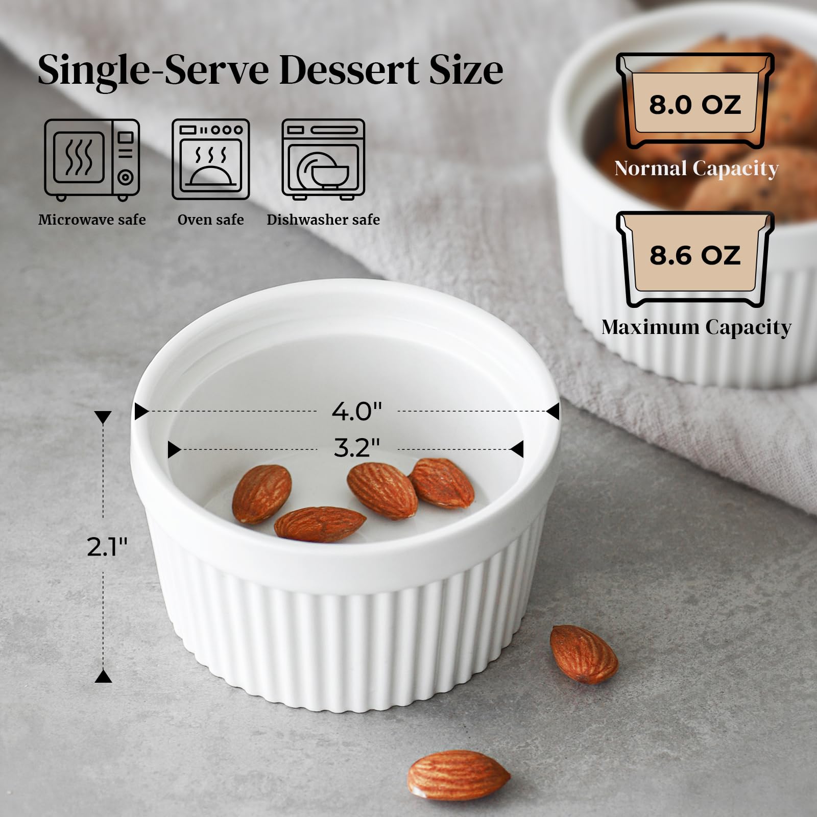 DOWAN 8 oz Ramekins for Creme Brulee Porcelain Oven Safe, Classic Style Souffle Ramekins for Baking, Bowls Set of 6, White