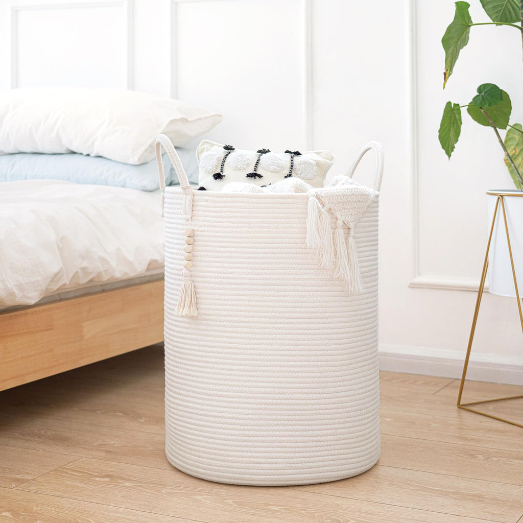 Goodpick Large Laundry Hamper with Handles,Cute Baby Laundry Basket, Tall Laundry Hamper for Clothes, Towels,Woven Rope Toy Storage Basket,Decorative Blanket Basket White, 16 x 20 inches