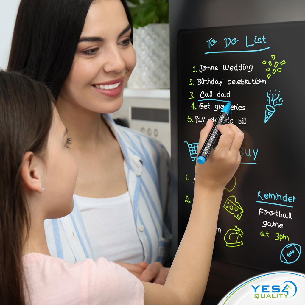 Magnetic Black Dry Erase Board for Fridge - 48 x 33 cm - Stain Resistant with 3 Magnetic, Fine Tip Neon Chalk Markers & Eraser - by Yes4Quality