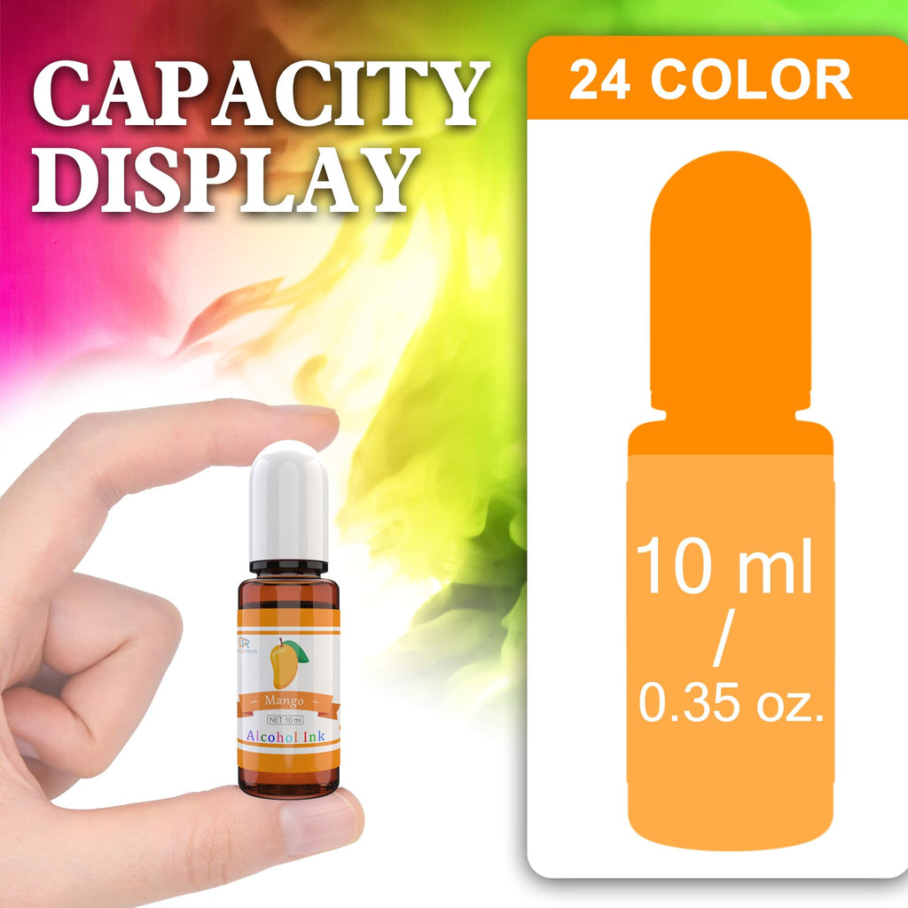 Alcohol Ink Set - 24 Vibrant Colors for Resin Art, Petri Dish Making, Epoxy Painting - Concentrated Alcohol-Based Paint Color Dye for Tumbler Making - 24 x 10ml/.35oz
