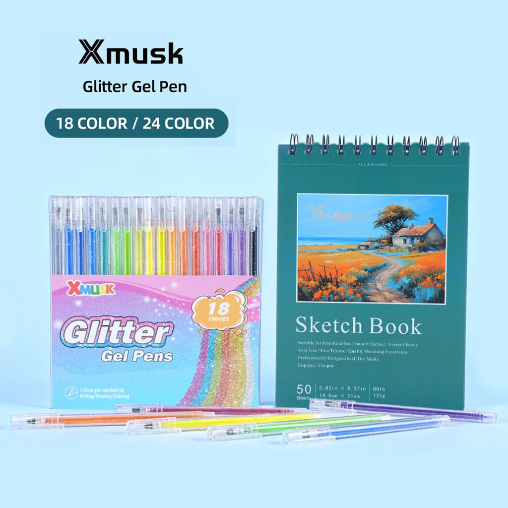 Xmusk 18 Colors Glitter Gel Pen & A5 Art Sketchbook Gift Set - 50 Sheets 120gsm Drawing Pad for Painting & Writing, Perfect Birthday, Opening, Christmas Gift(XGP-18)
