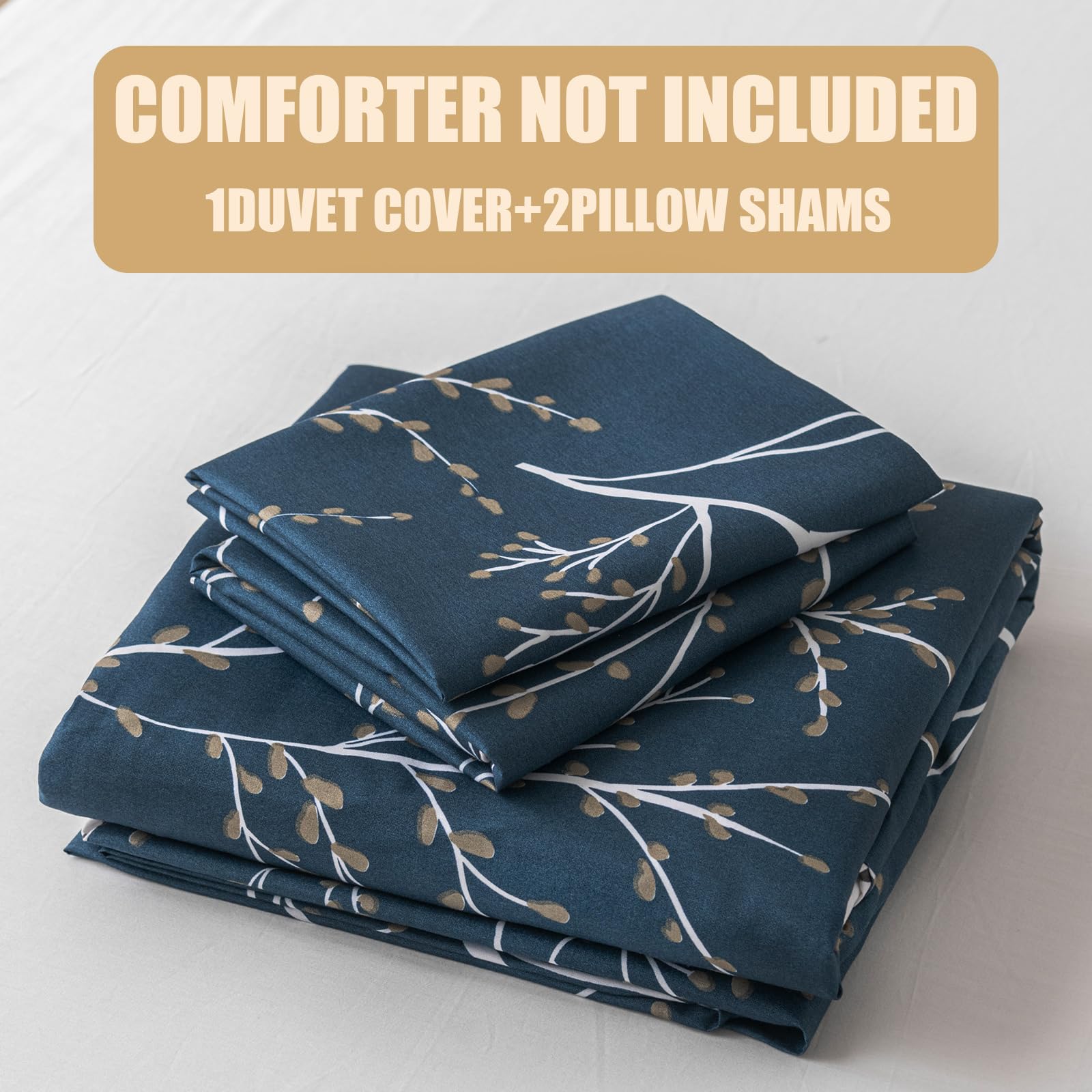 Duvet Cover Queen, Tree Branches Pattern Bed Sets, Ultra Soft Microfiber Bed Set, 3 Piece Breathable Queen Duvet Cover Set with Zipper Closure, Corner Ties, (90x90 Inch, Blue)