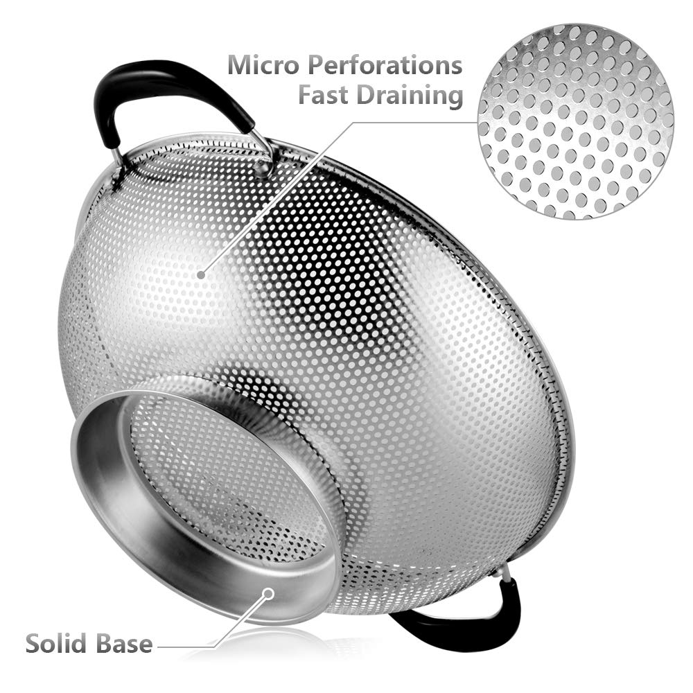 18/8 Stainless Steel Colander, Easy Grip Micro-Perforated 5-Quart Colander, Strainer with Riveted and Heat Resistant Handles, BPA Free, FDA Approved. Great For Pasta, Noodles, Vegetables and Fruits