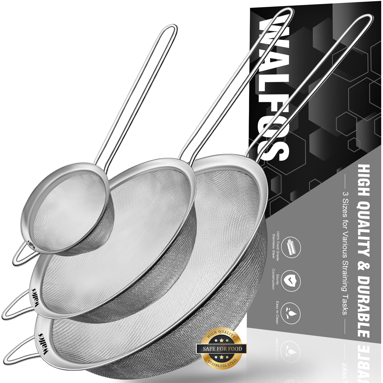 Walfos Fine Mesh Strainers Set, Premium Stainless Steel Sieve and Sifter with Sturdy Handle, Metal Kitchen Strainers Perfect for for Food, Rice, Quinoa, Fruit, Tea, Flour- 3 Sizes