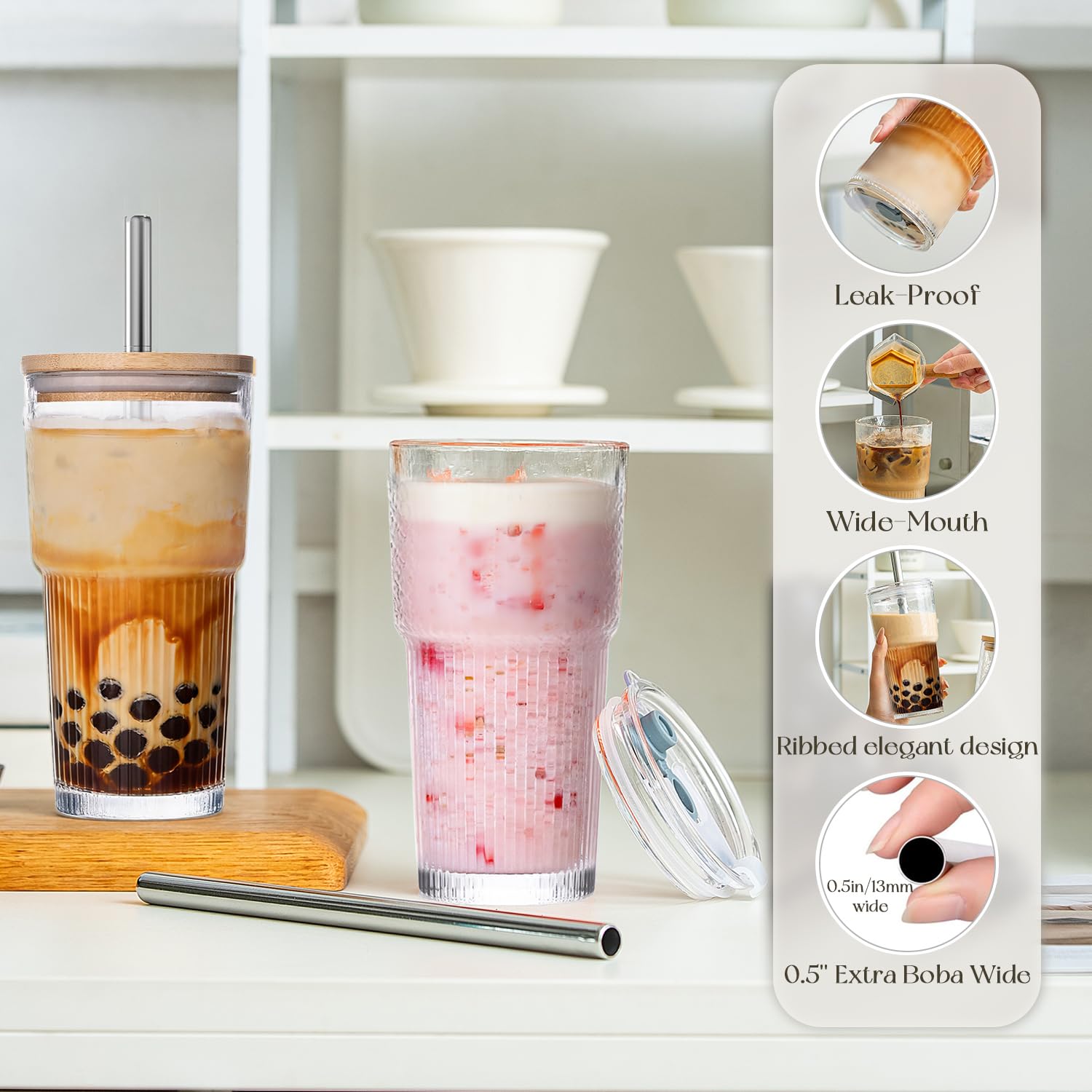 KEMORELA 20oz Ribbed Glass Tumblers with Bamboo & 2 in 1 Leak-Proof Lids, Extra-Wide 13mm Reusable Stainless Steel Straws, 2Pcs Vintage Drinking Glasses for Boba, Iced Coffee, Smoothies,Travel Cups