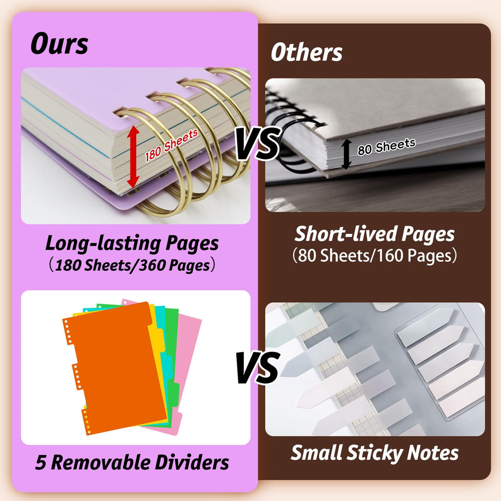 360 Pages A5 Spiral Notebook, 5 Subject Notebooks College Ruled, 100 GSM Thick Paper Lined Journal, Large Note Book with Removable Dividers for School, Office, Work and Writing (Purple)