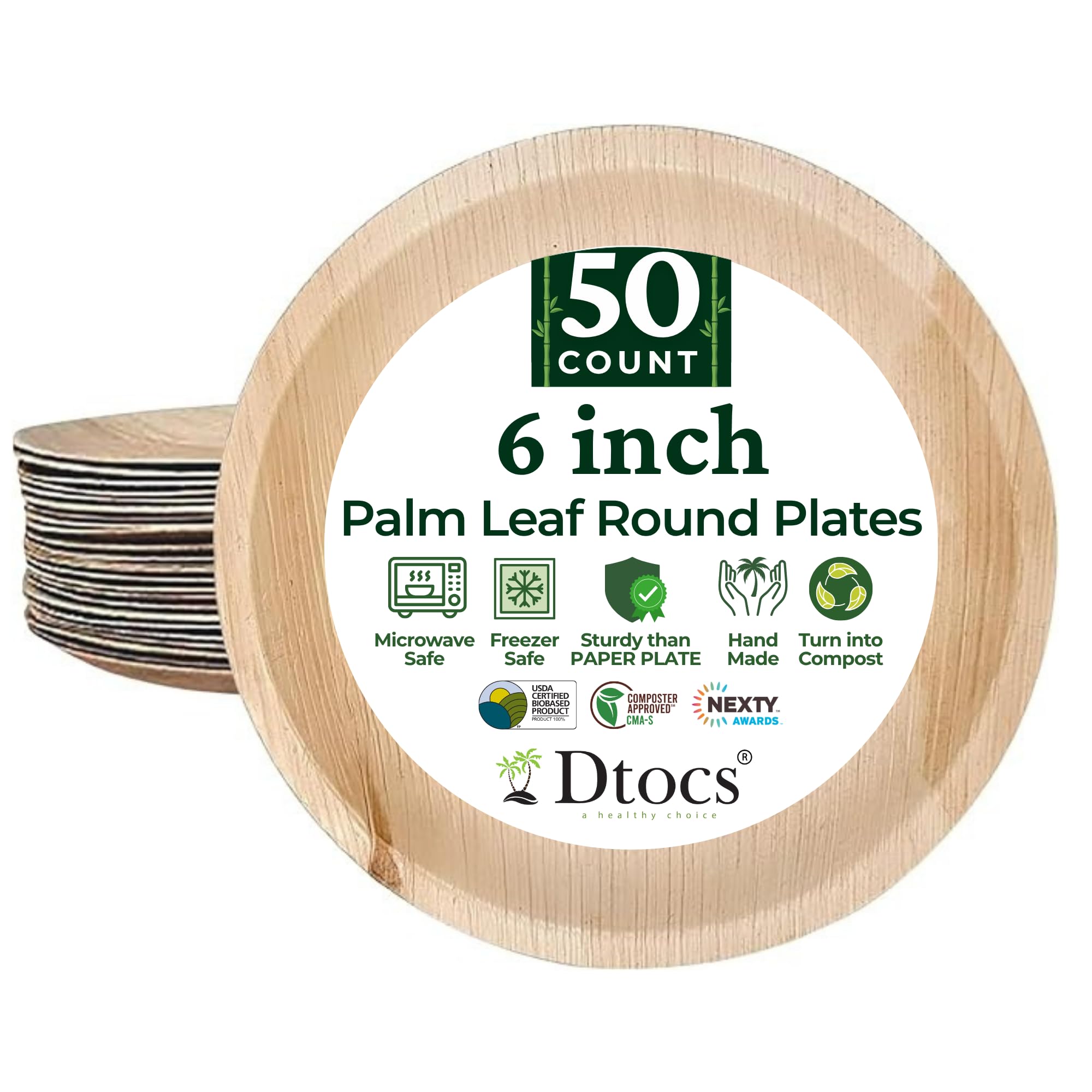Disposable Small Plates 6" Round (50 Count) | Wood, Bamboo Disposable Plate Look Palm Leaf Plate | Microwavable Dinnerware Set for Appetizer, Dessert, Cake | Alt to Plastic, Heavy Duty Paper Plates