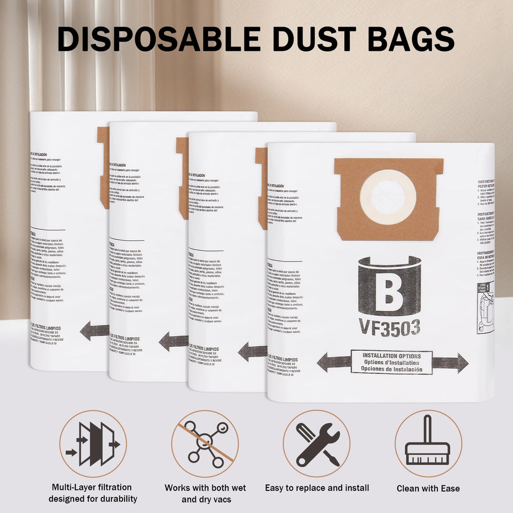 Replacement Bags for Ridgid VF3503 - High Efficiency Dust Filter Bags 5 to 9 Gallon for Ridgid Vacuum Cleaner VF3503 (7 Pack)