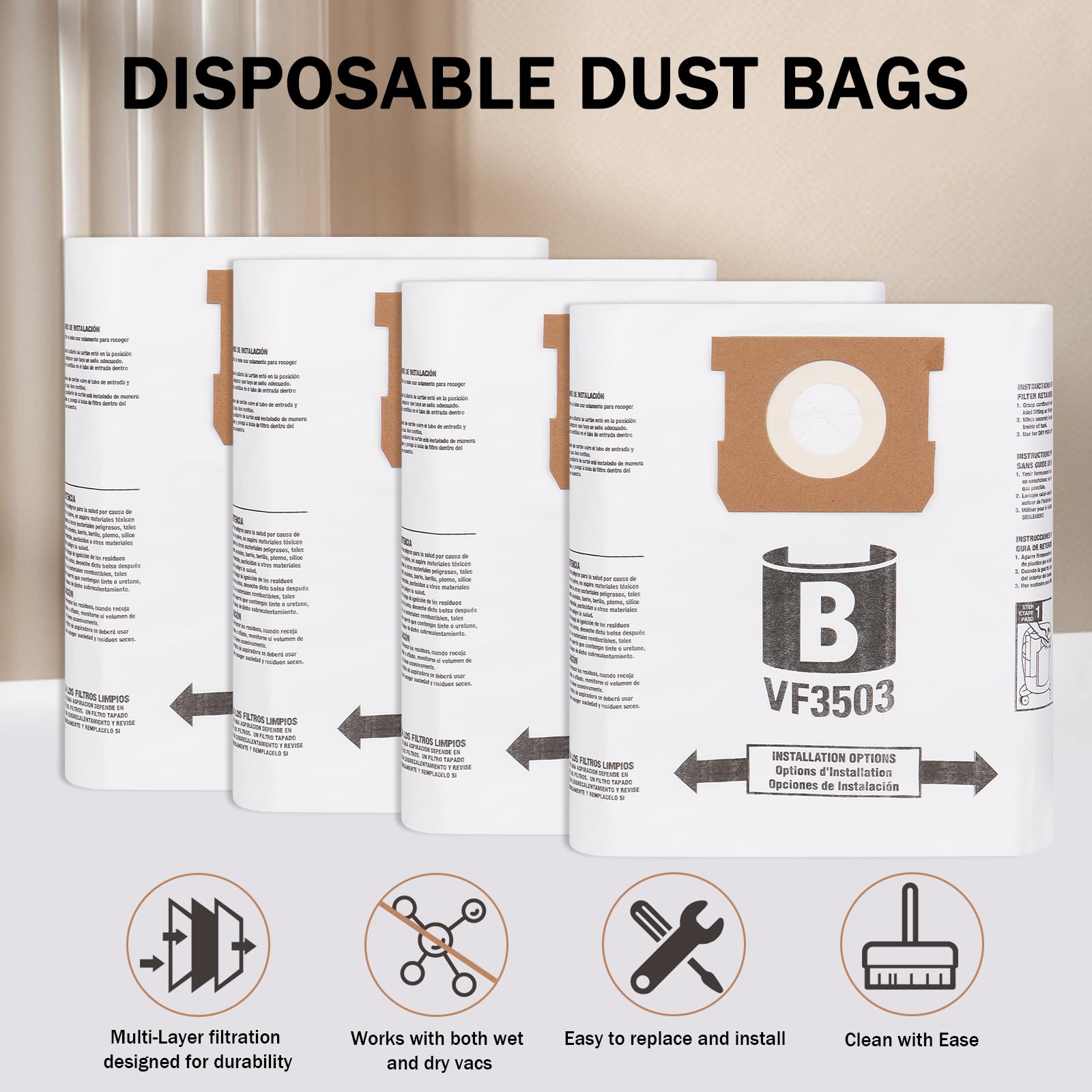 Replacement Bags for Ridgid VF3503 - High Efficiency Dust Filter Bags 5 to 9 Gallon for Ridgid Vacuum Cleaner VF3503 (7 Pack)