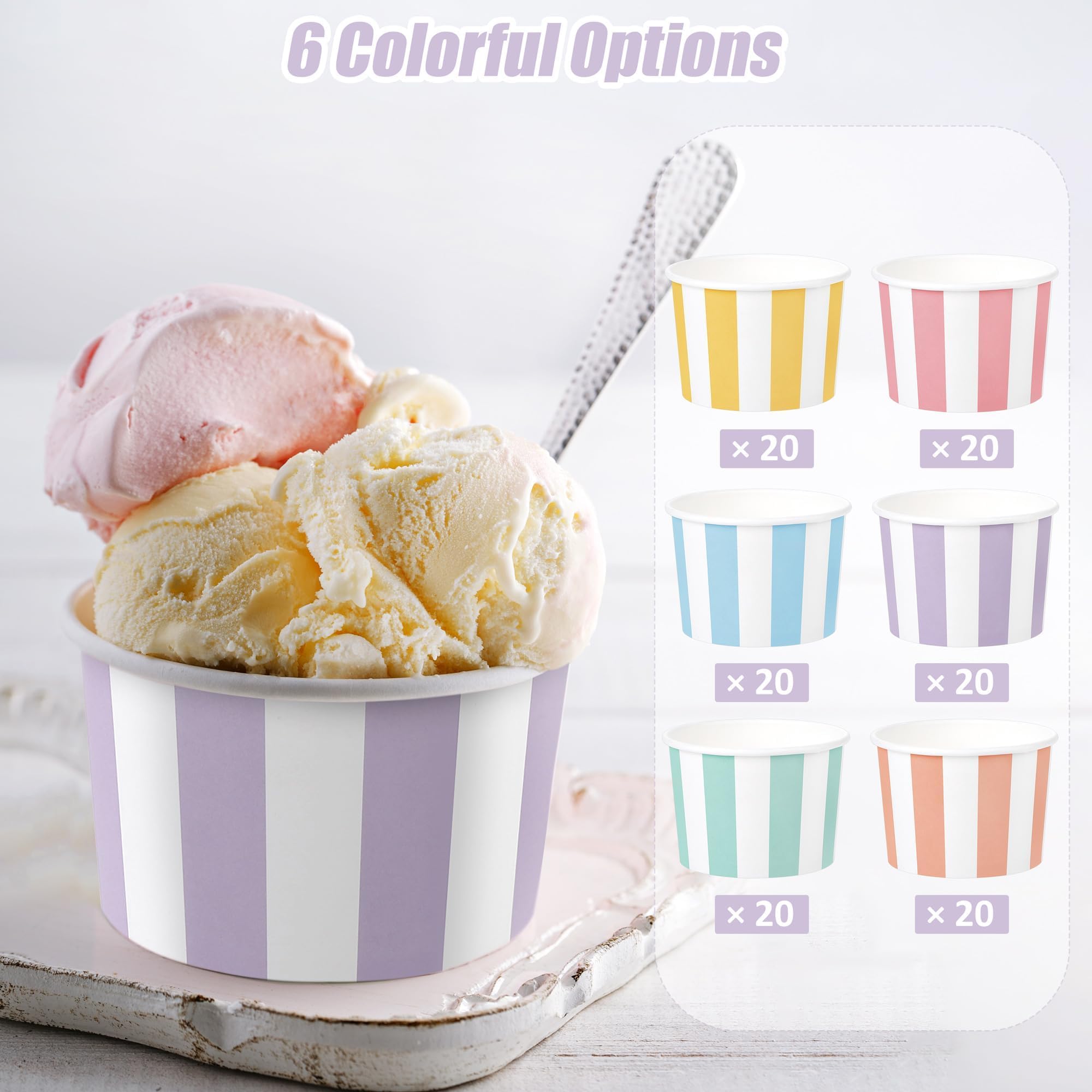 Aodaer 120 Pack Paper Ice Cream Cups 8 Ounces Disposable Dessert Bowls Ice Cream Containers Soup Snack Dessert Yogurt Sundae Bowls for Cold & Hot Foods, Birthday Party Bar Supplies, 6 Colors