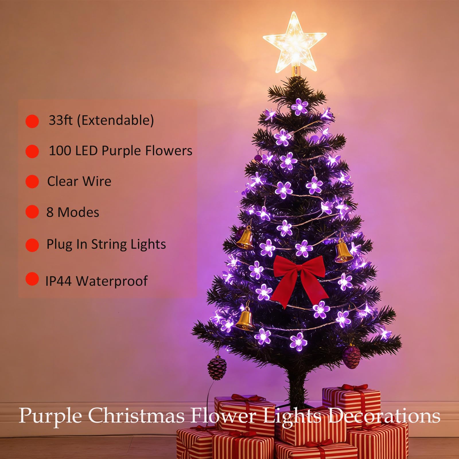 FULLBELL String Lights, Purple Lights Room Decor Flower String Lights 33 Feet 100LED 8 Modes Wedding Party Indoor Outdoor Flower Lights LED Lights for Bedroom Birthday Decorations (Purple)