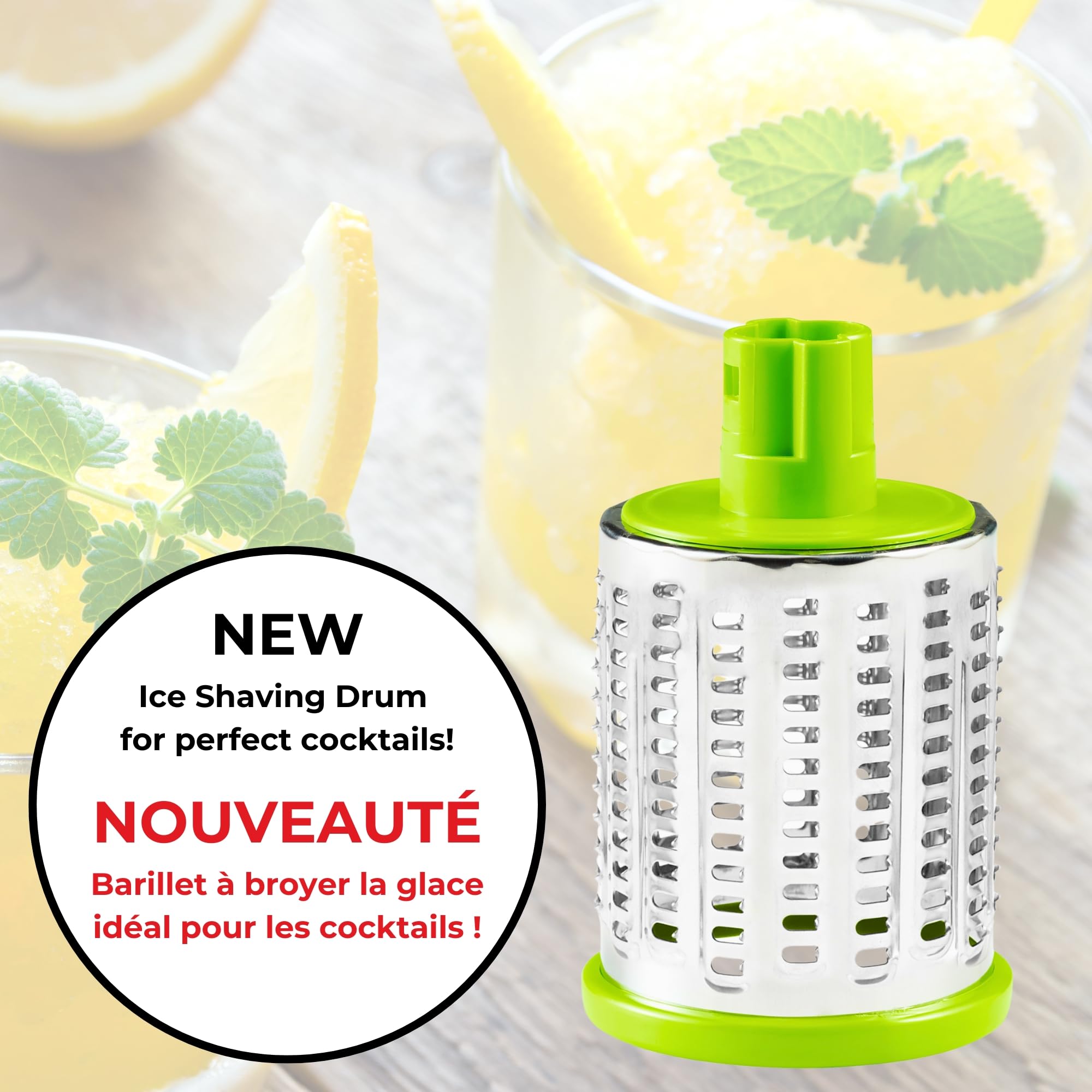 Starfrit Rotary Drum Grater, 4 Interchangeable Stainless Steel Drums, Slicing, Coarse and Fine Grating, Ice Shaving, Great for Vegetables, Cheese, Nuts, Chocolate, Easy to Use Hand Crank