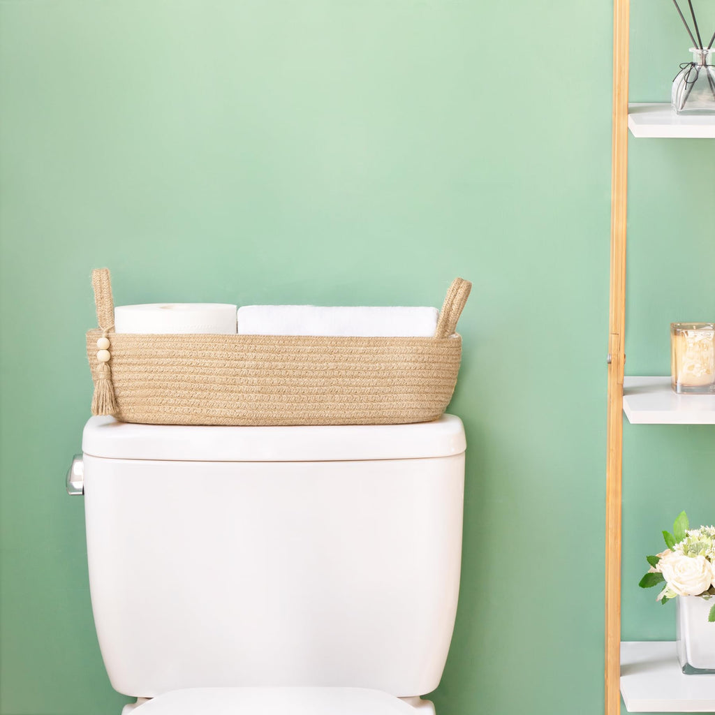 Mkono Small Storage Basket for Toilet Tank Top Boho Bathroom Decor Woven Rope Toilet Paper Tray Back of Toilet Organizer for Shelf Bedroom Living Room, Jute, 1 Pack, 15.7" L x 6" W