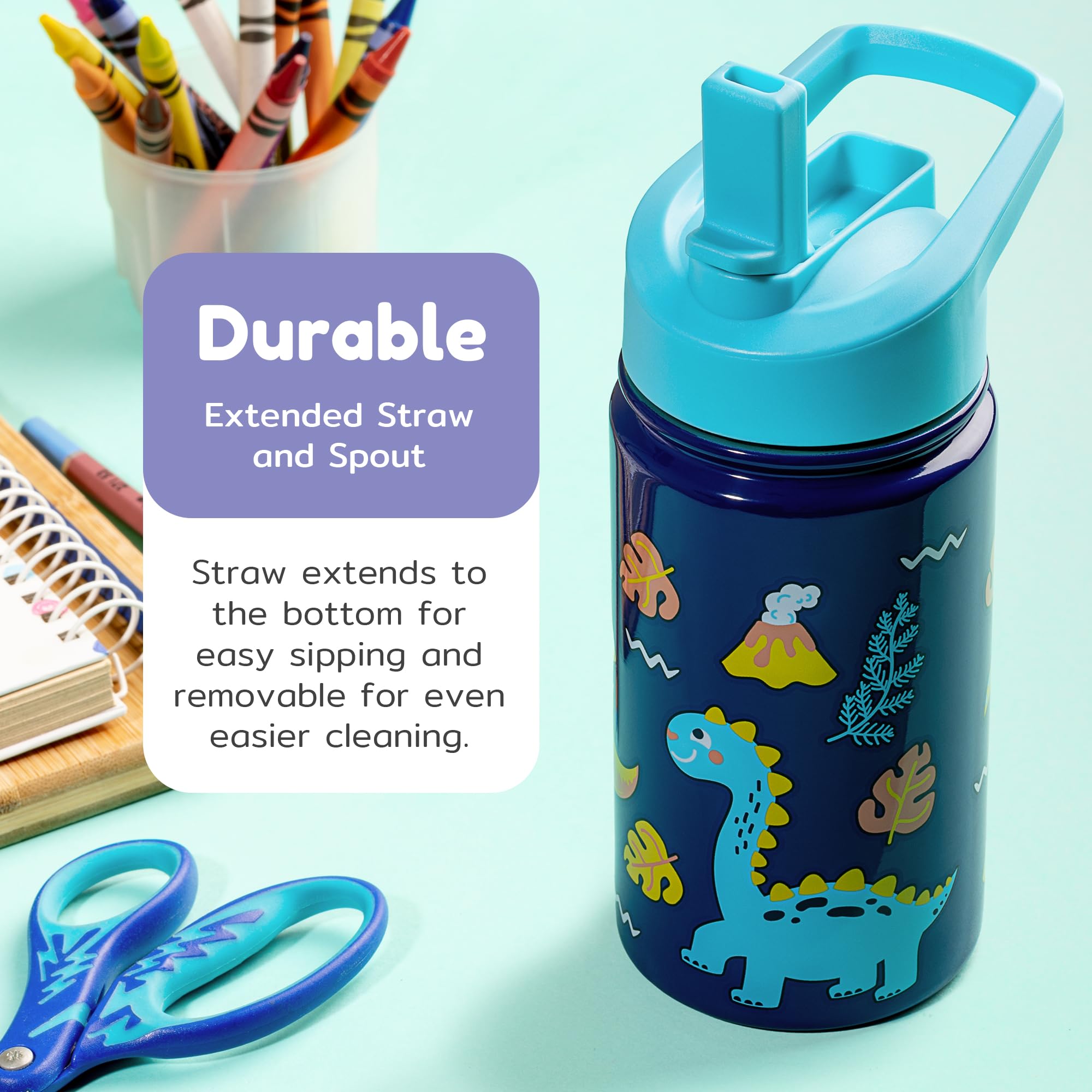 BOZ Kids Insulated Water Bottle with Straw Lid - Two-Pack Shark/Dinosaur Stainless Steel Vacuum Double Wall Toddler Water Bottle, 14 oz (414ml) Scratch-Resistant and Dishwasher-Safe Kids Water Bottle