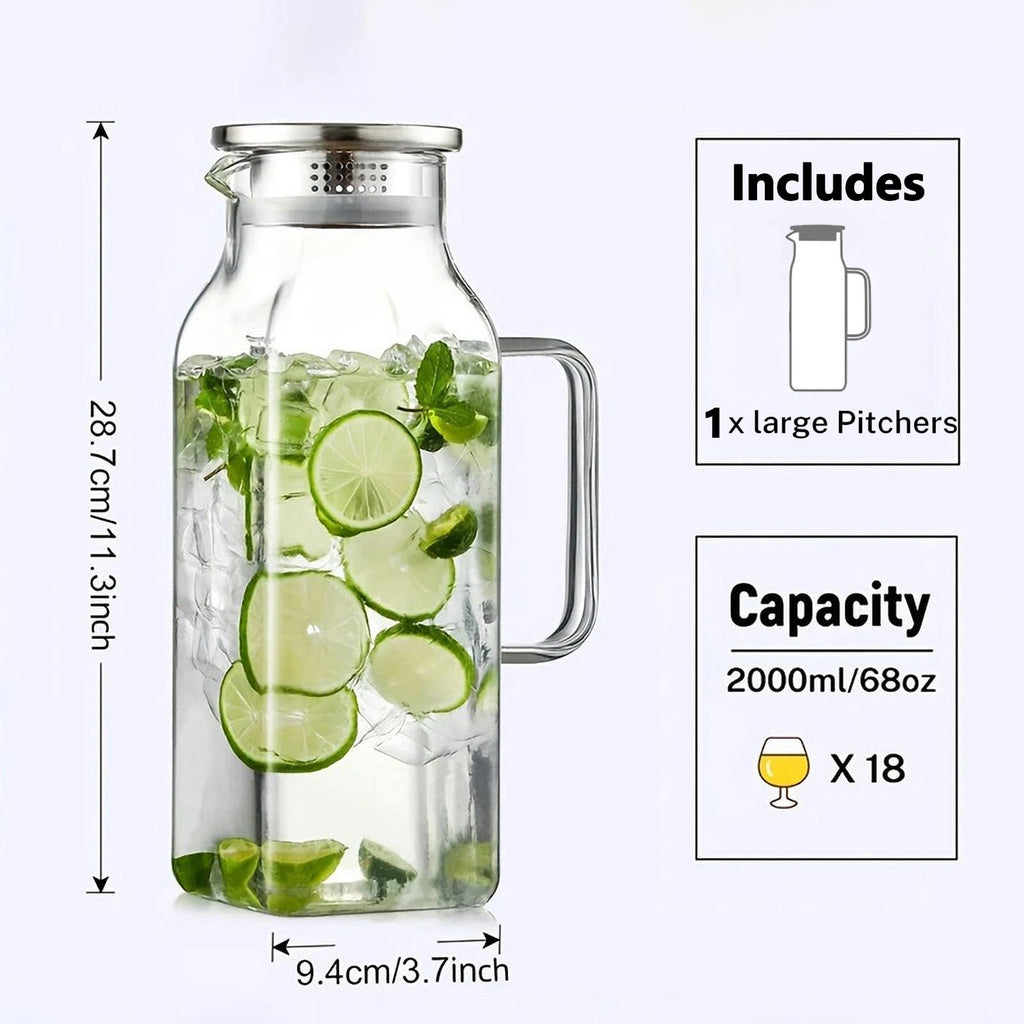 SYDALARAW Glass Water Pitcher, 2 Liter/68 oz Square Glass Pitcher with Lid and Handle, Clear Heat Resistant Glass Water Jug Carafe Juice Container for Hot Tea, Cold Brew and Milk