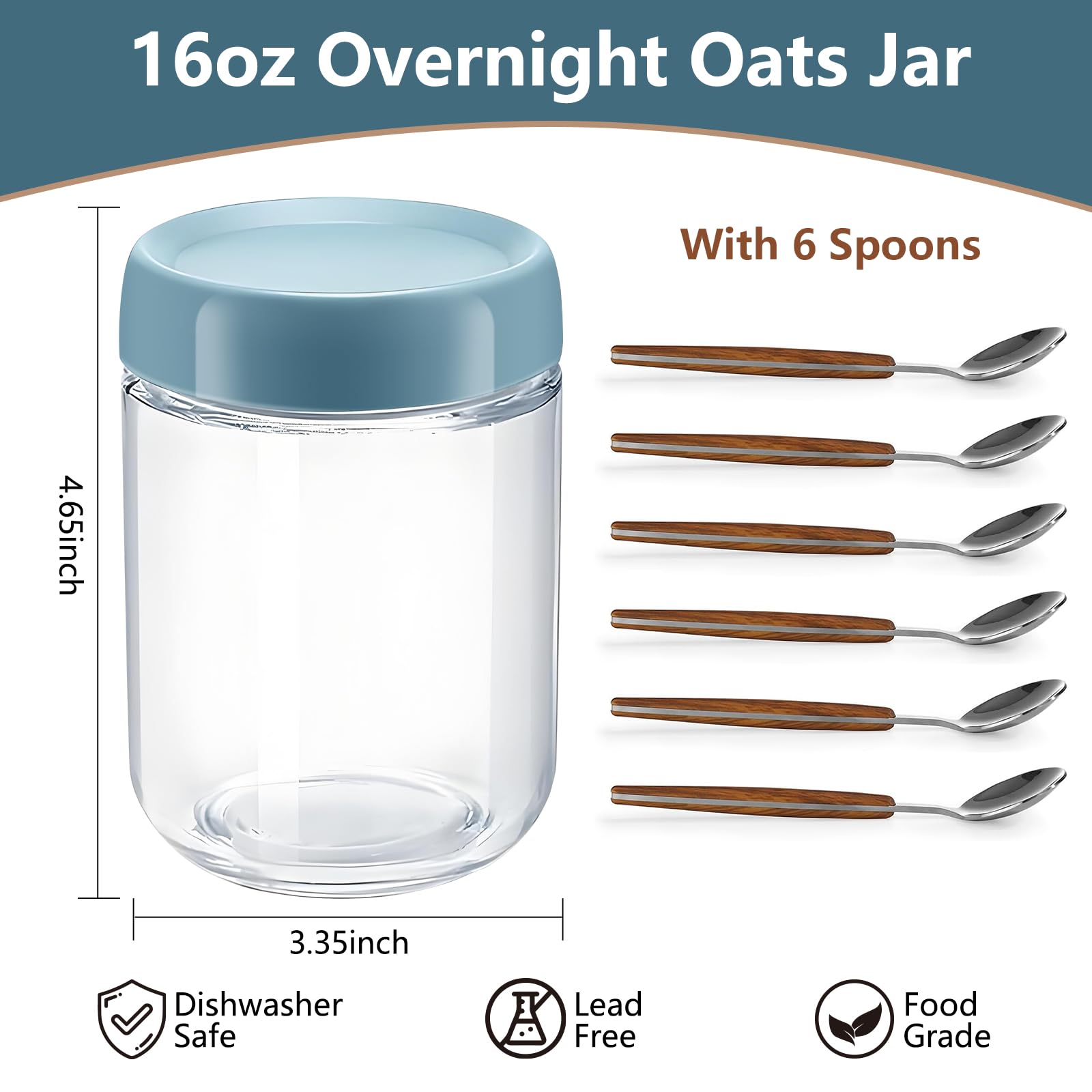 16 OZ Overnight Oats Jar, 6 Pack Overnight Oats Containers with Lids,Reusable Mason Jars, Meal Prep Containers with Lids, Glass Container Food Storage, Glass Jar for Oats,Yogurt,Snacks,Fruit