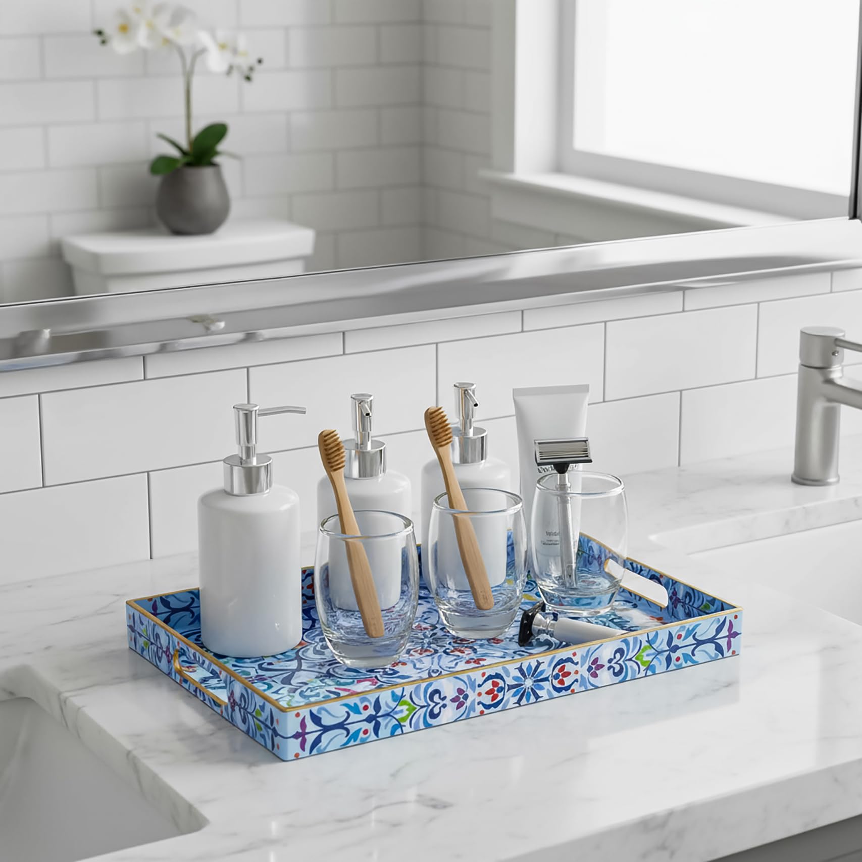 Hiceeden Set of 2 Boho Floral Serving Tray with Handles, 15.7" x 11.8" Decorative Plastic Ottoman Tray, Modern Large Coffee Table Server for Living Room, Bathroom, Rectangle, Blue