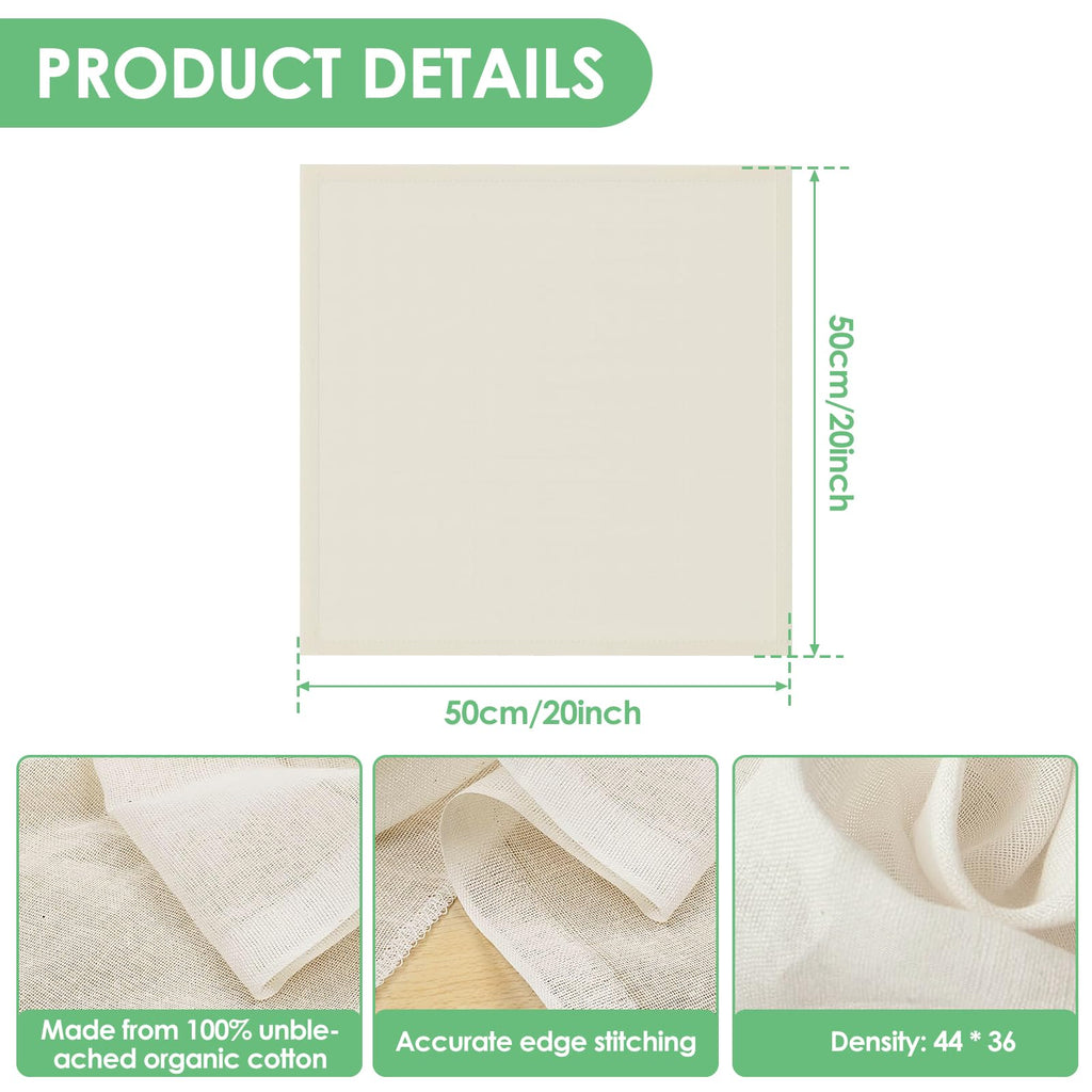 12Pcs Cheese Cloths, 100% Unbleached Organic Cotton with Closed Edges, 20x20 inch Reusable Organic Cheesecloth, Ultra Fine Muslin Cloth for Straining, Cooking, Cheesemaking, Baking
