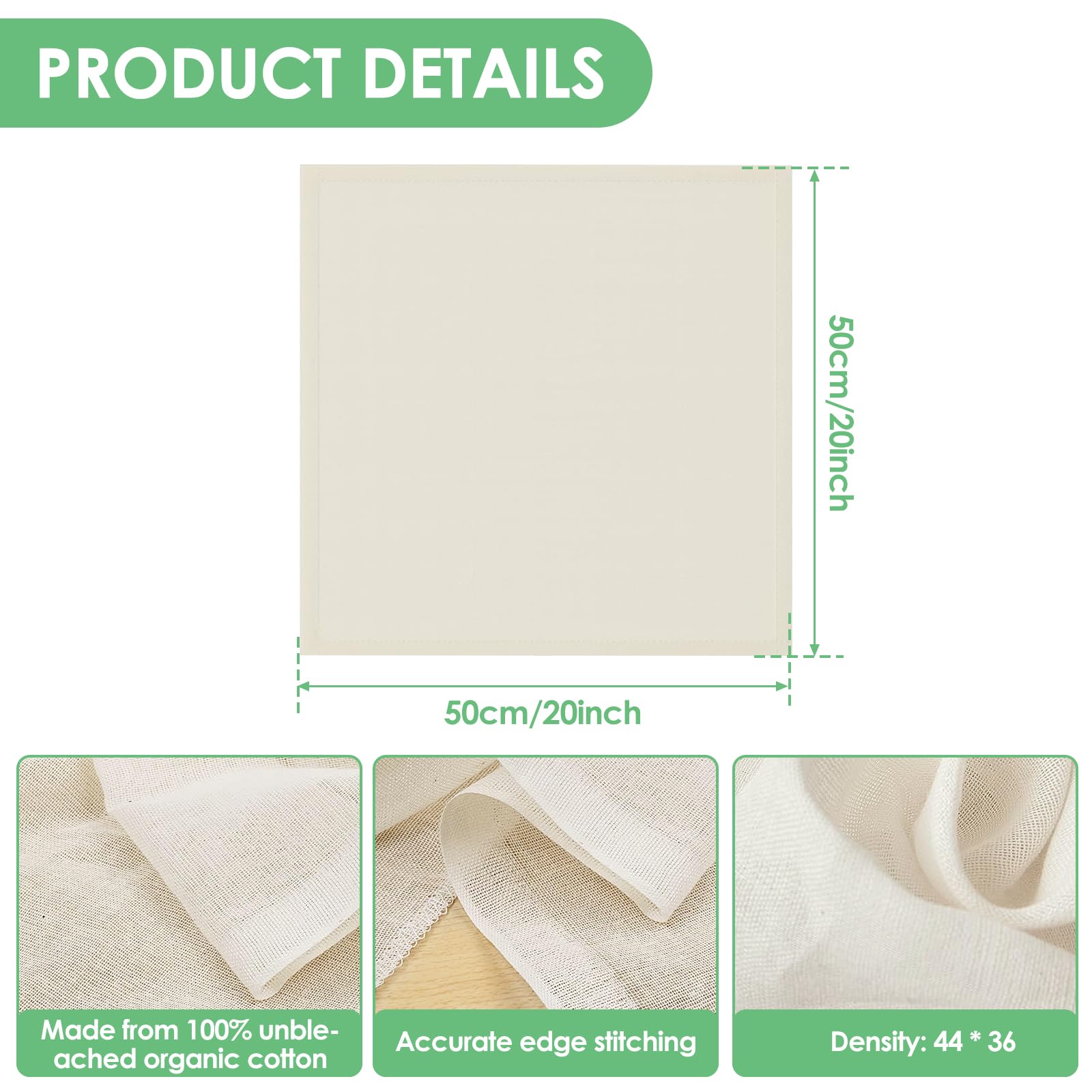 12Pcs Cheese Cloths, 100% Unbleached Organic Cotton with Closed Edges, 20x20 inch Reusable Organic Cheesecloth, Ultra Fine Muslin Cloth for Straining, Cooking, Cheesemaking, Baking