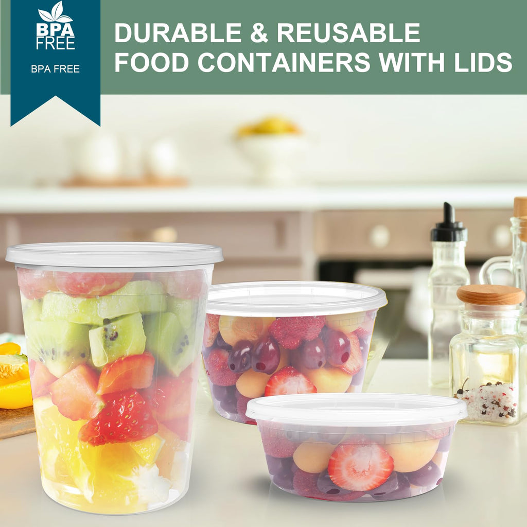 Deli Containers with Lids 48 Sets [8,16, 32 oz 16 Each ] - Food Storage Containers with Lids Freezer Safe, Soup Containers for Restaurant, BPA Free | Portion Control | Leakproof | Microwave