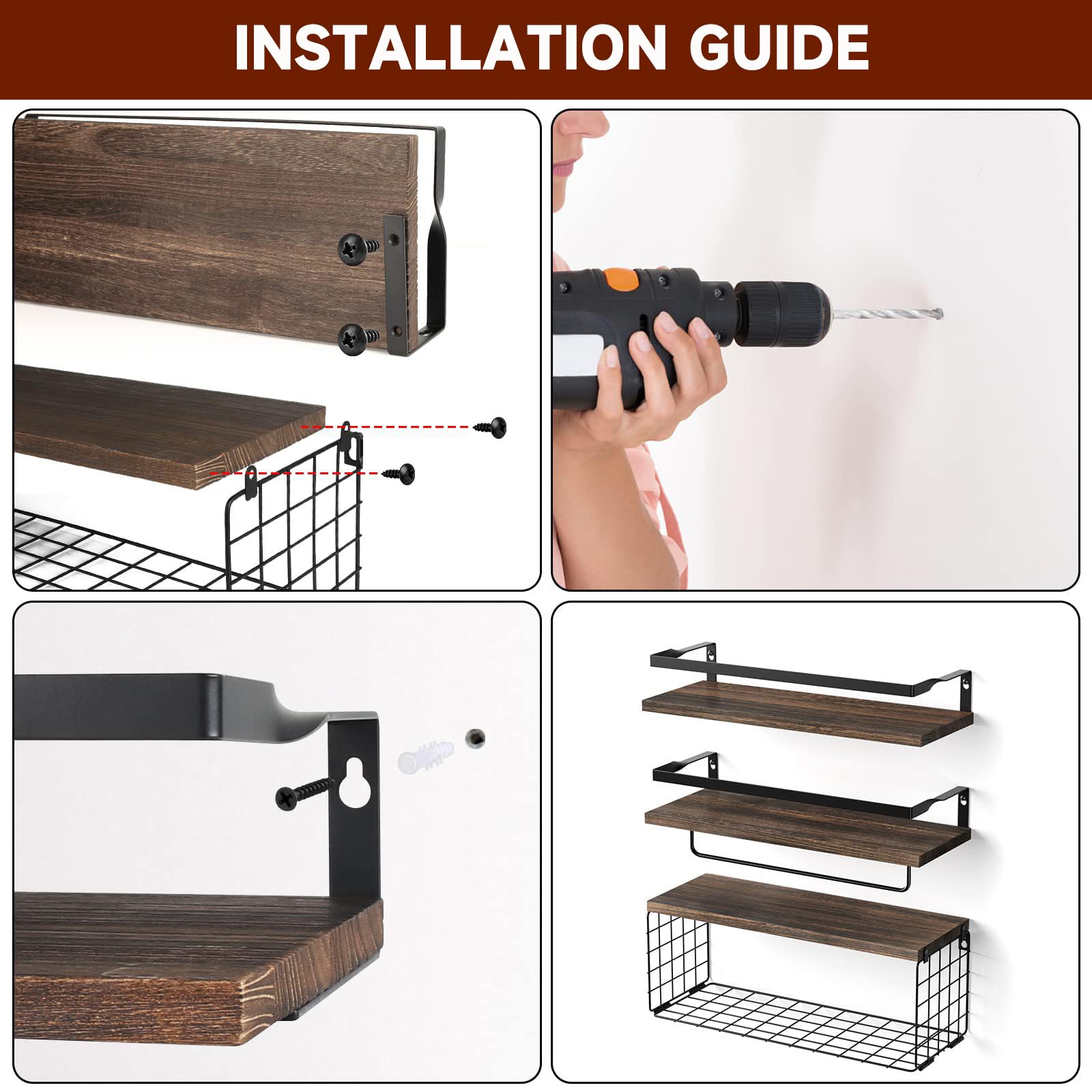 Rustic Bathroom Shelf Over Toilet - Stylish Bathroom Shelves Storage Organizer with Towel Bar - Floating Shelves Wall Mounted