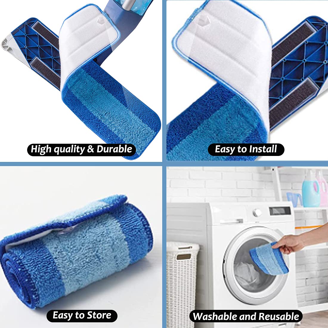 4 Pack Microfiber Mop Pads, Mop Pad Replacement for Bona Spray Mop, Washable & Reusable Mop Pads, Blue