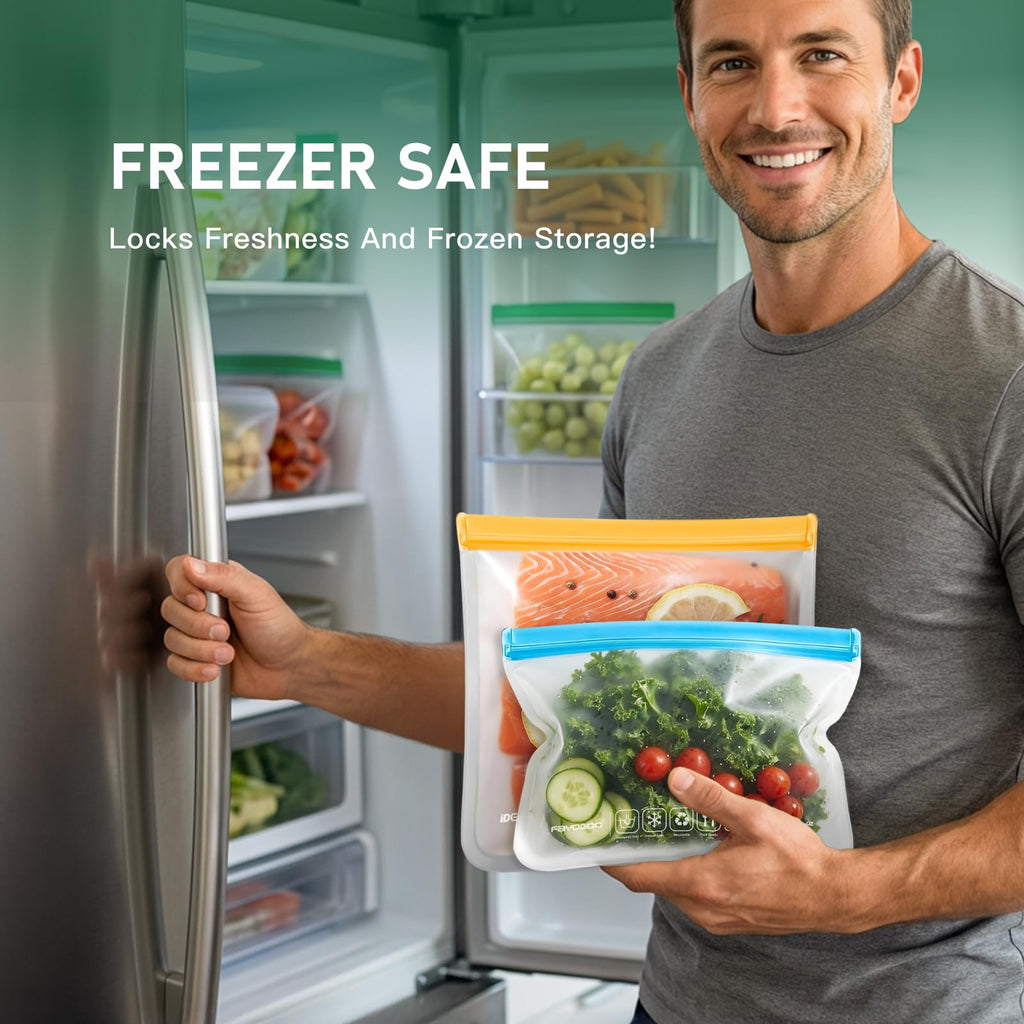 FAYOGOO Reusable Silicone Food Storage Bags 8 Pack Extra Large With Rack Dishwasher Safe Gallon Soup Liquid Bags Freezing