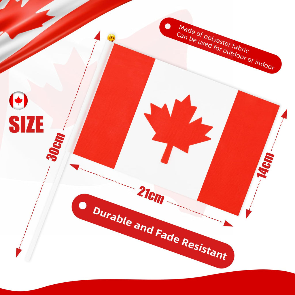 50 Pack Small Canada Flag Stick 5'' x 8'' - Handheld Canadian Maple Leaf Flags with Plastic Sticks, Mini Le drapeau du Canada for Outdoor Parades, National Day Celebration Party Decorations