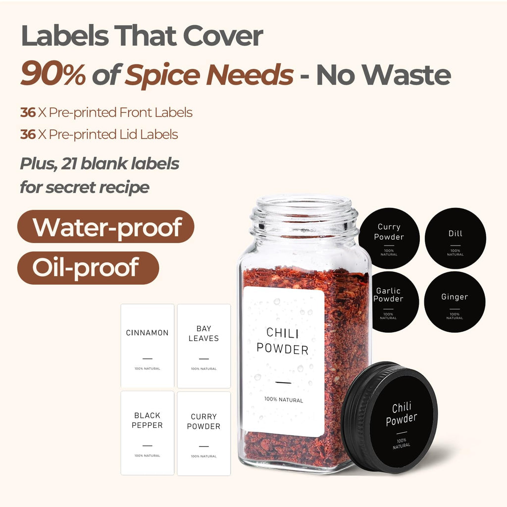 ComSaf 24Pcs 4oz Glass Spice Jars with Shaker Lids, 93 Labels, a Handy Funnel, a Pepper Grinder, Empty Spice Containers and Square Spice Bottles for Kitchen and Seasoning